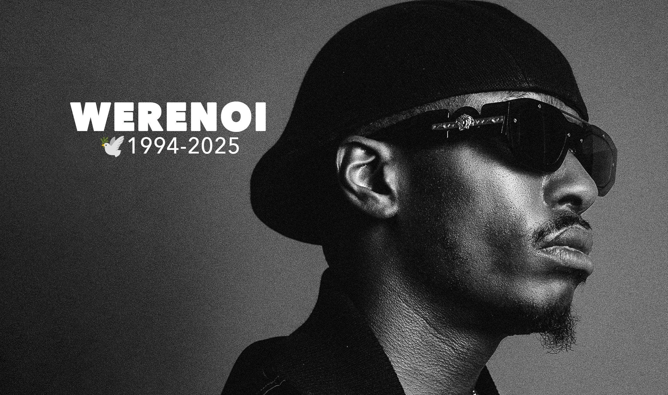 Portrait noir et blanc d'un homme portant une casquette et des lunettes de soleil, texte Werenoi 1994-2025, modèle fait en France, livraison gratuite en 48h