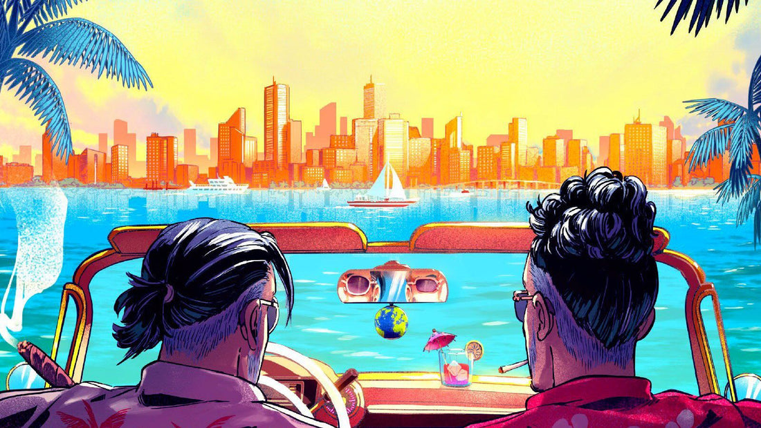 Ville en bord de mer au coucher du soleil vue depuis une voiture avec deux hommes de dos, fait en France, livraison gratuite 48h