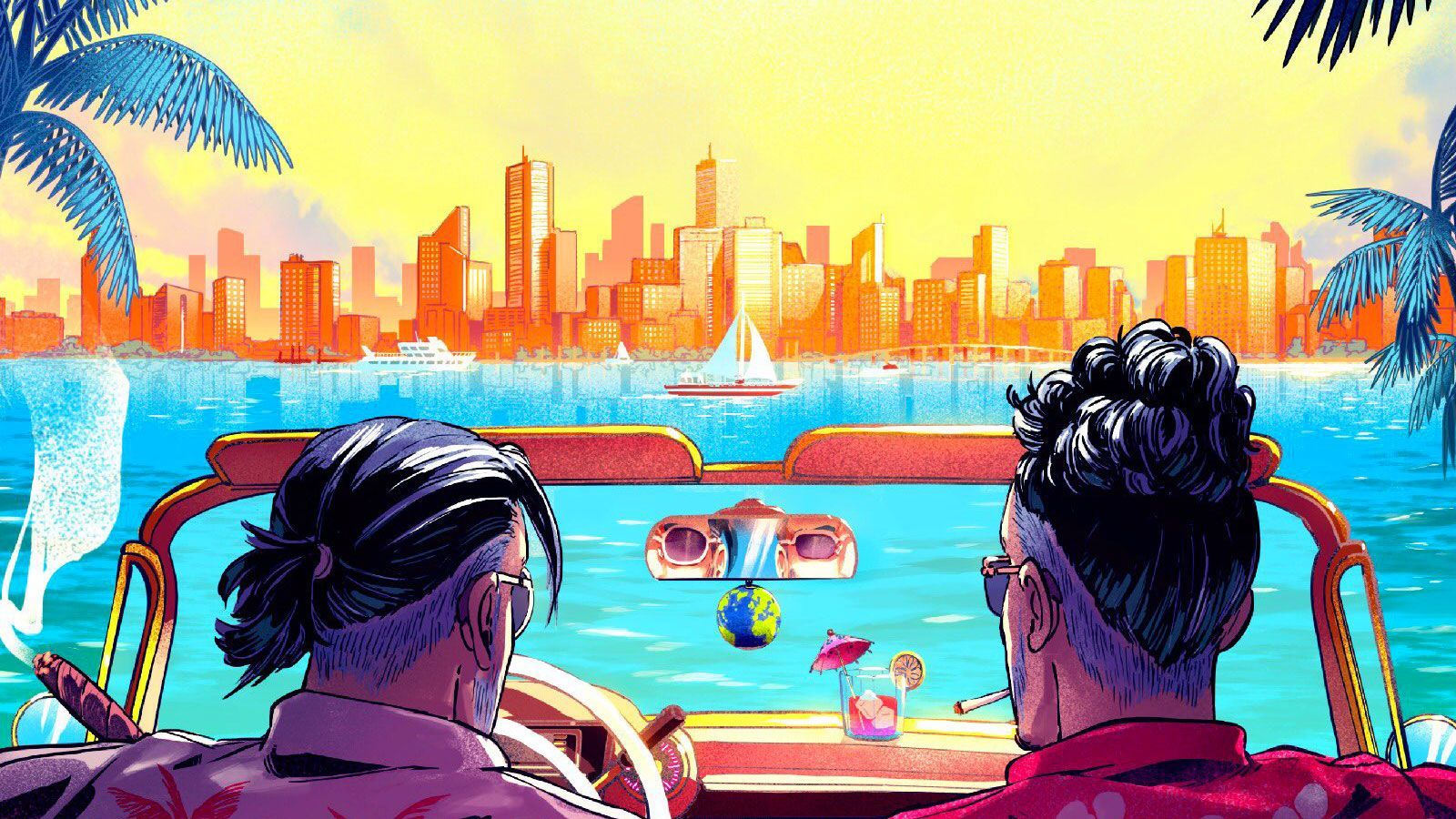 Ville en bord de mer au coucher du soleil vue depuis une voiture avec deux hommes de dos, fait en France, livraison gratuite 48h