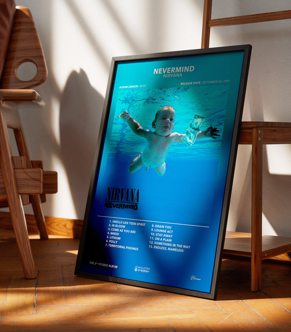 Affiche encadrée Nirvana Nevermind posée au sol, fait en France, livraison gratuite 48h, cadeau idéal Noël