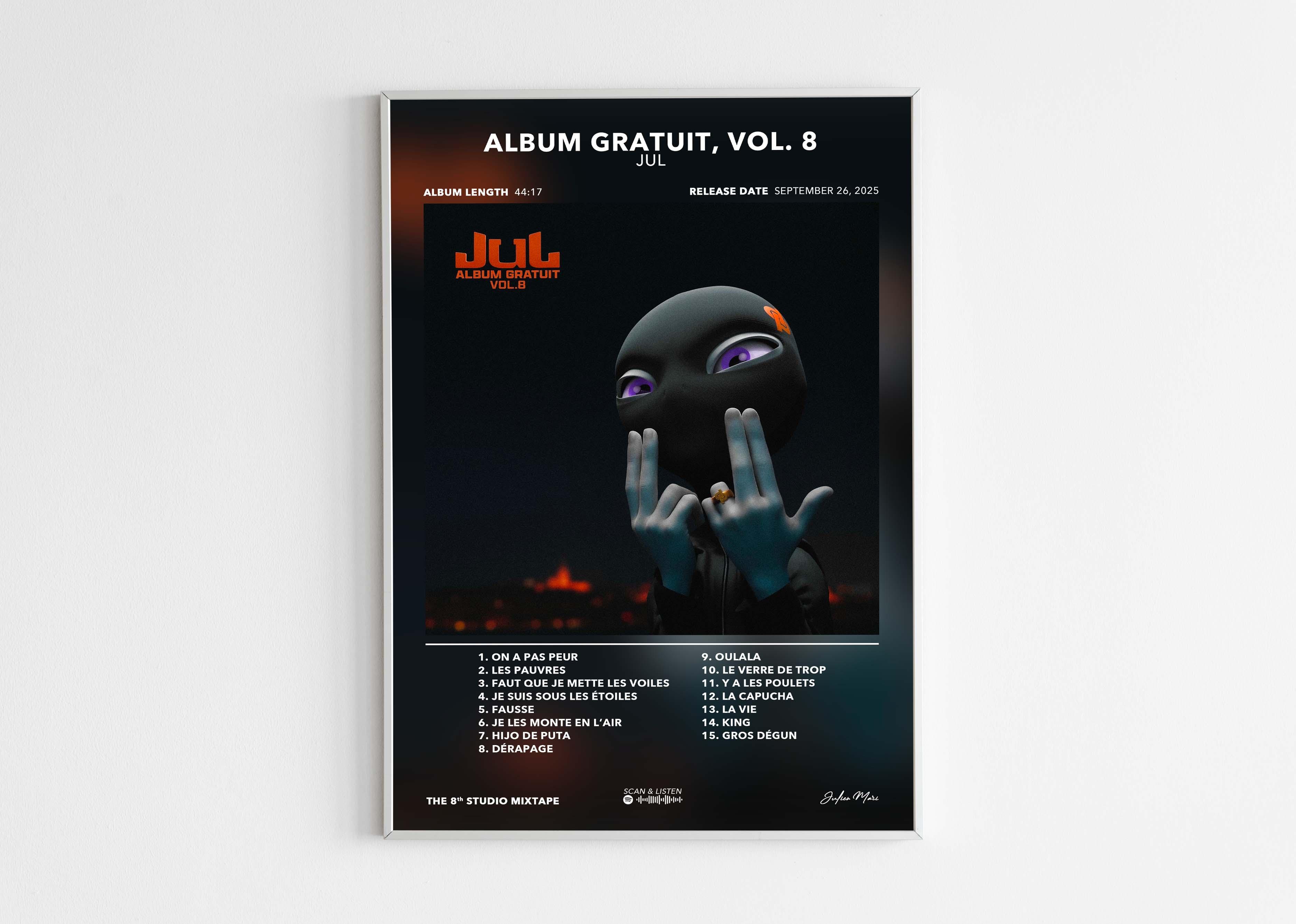 Affiche album gratuit Vol. 8 de Jul avec personnage masqué noir et yeux violets, fait en France, livraison gratuite 48h