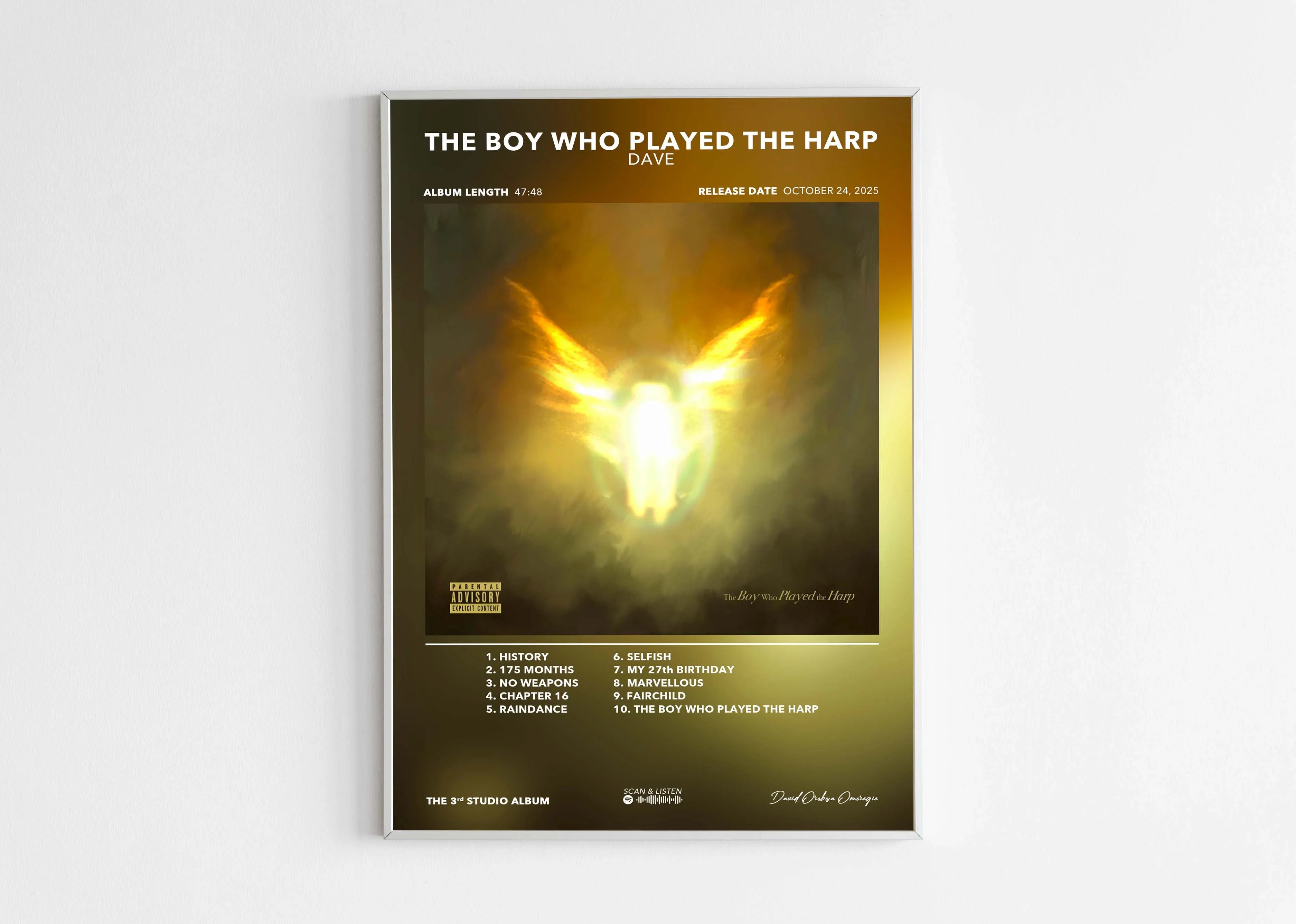 Affiche album musical avec illustration d'une silhouette lumineuse ailée, fait en France, livraison gratuite en 48h