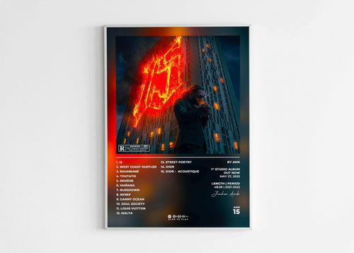Affiche album AMK 15, fait en France, livraison gratuite en 48h. Décoration murale musicale originale pour fans.