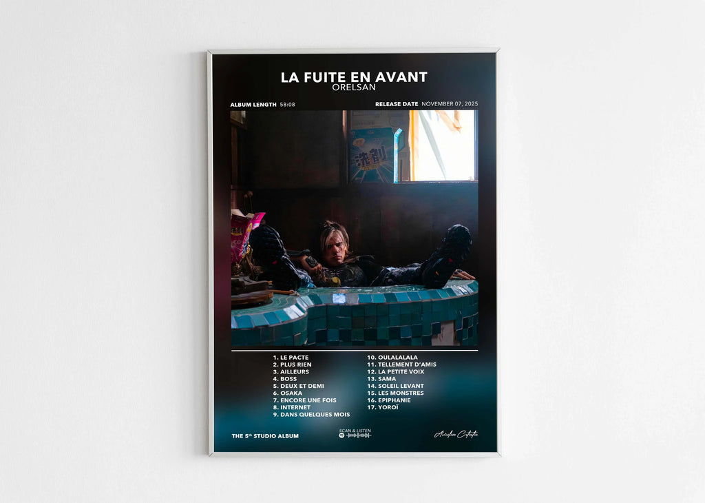 Affiche de l'album La Fuite en Avant d'Orelsan avec liste des chansons, fait en France, livraison gratuite 48h