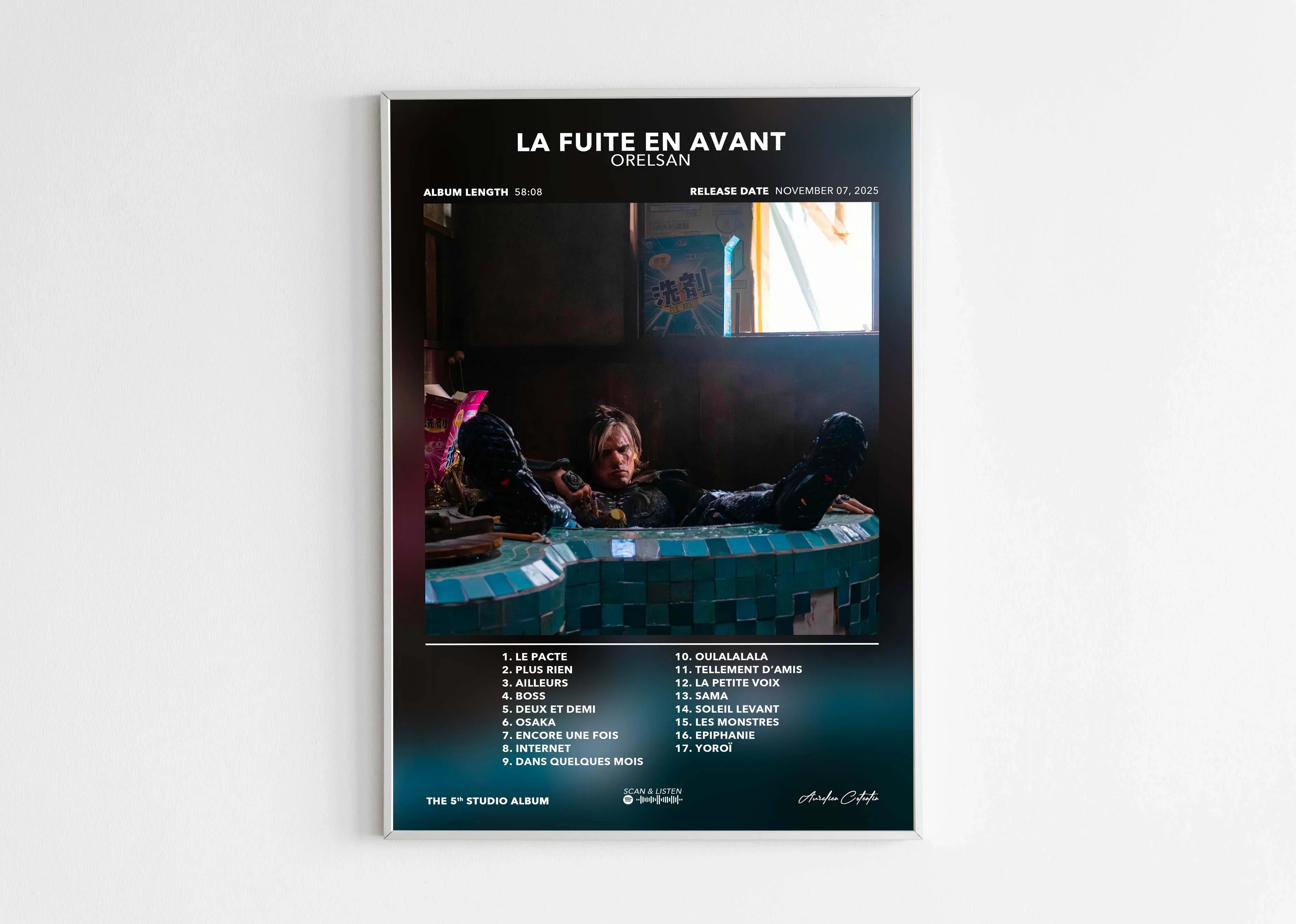 Affiche de l'album La Fuite en Avant d'Orelsan avec liste des chansons, fait en France, livraison gratuite 48h