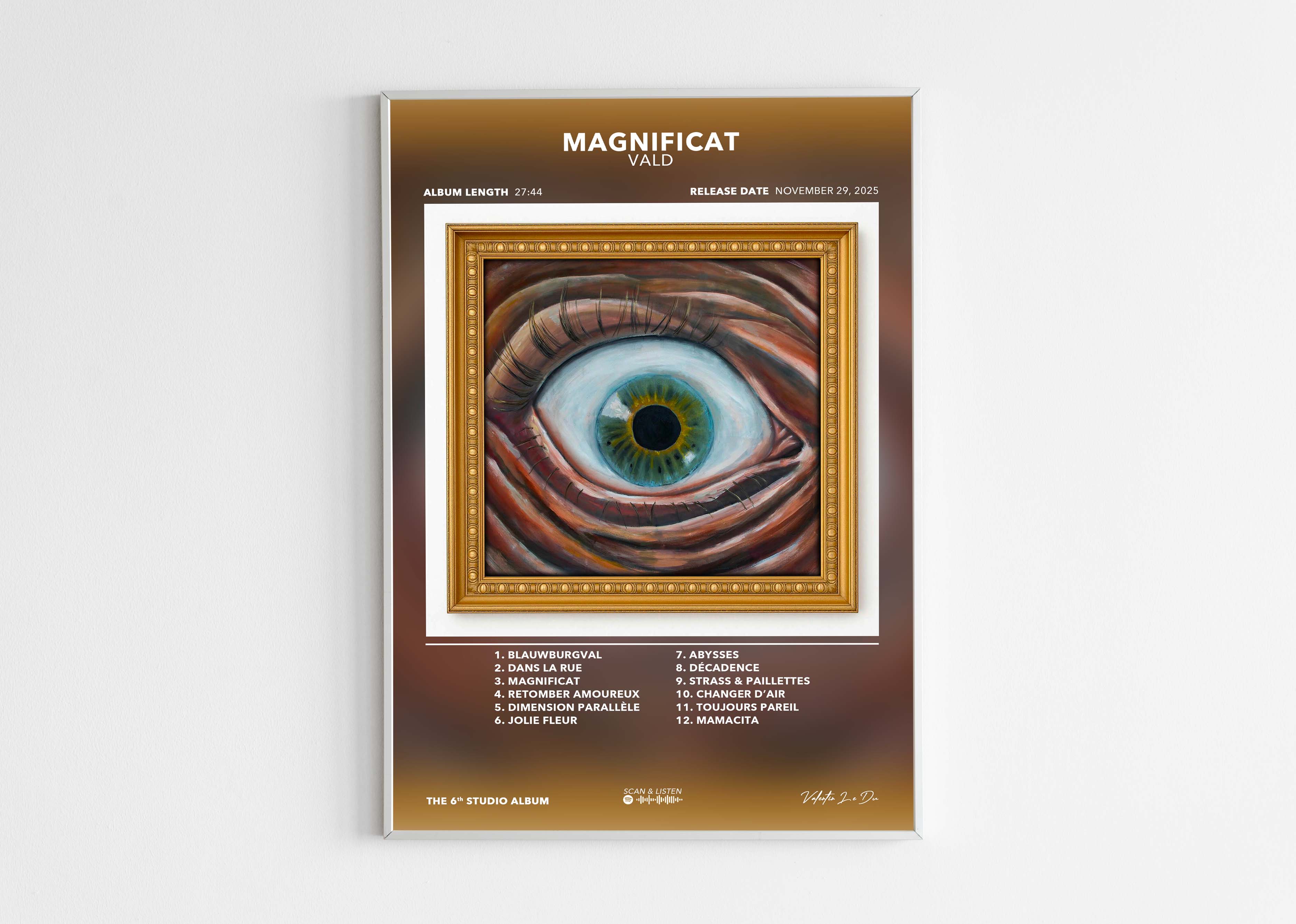 Affiche album Magnificat de Vald avec illustration œil encadré, fait en France, livraison gratuite 48h