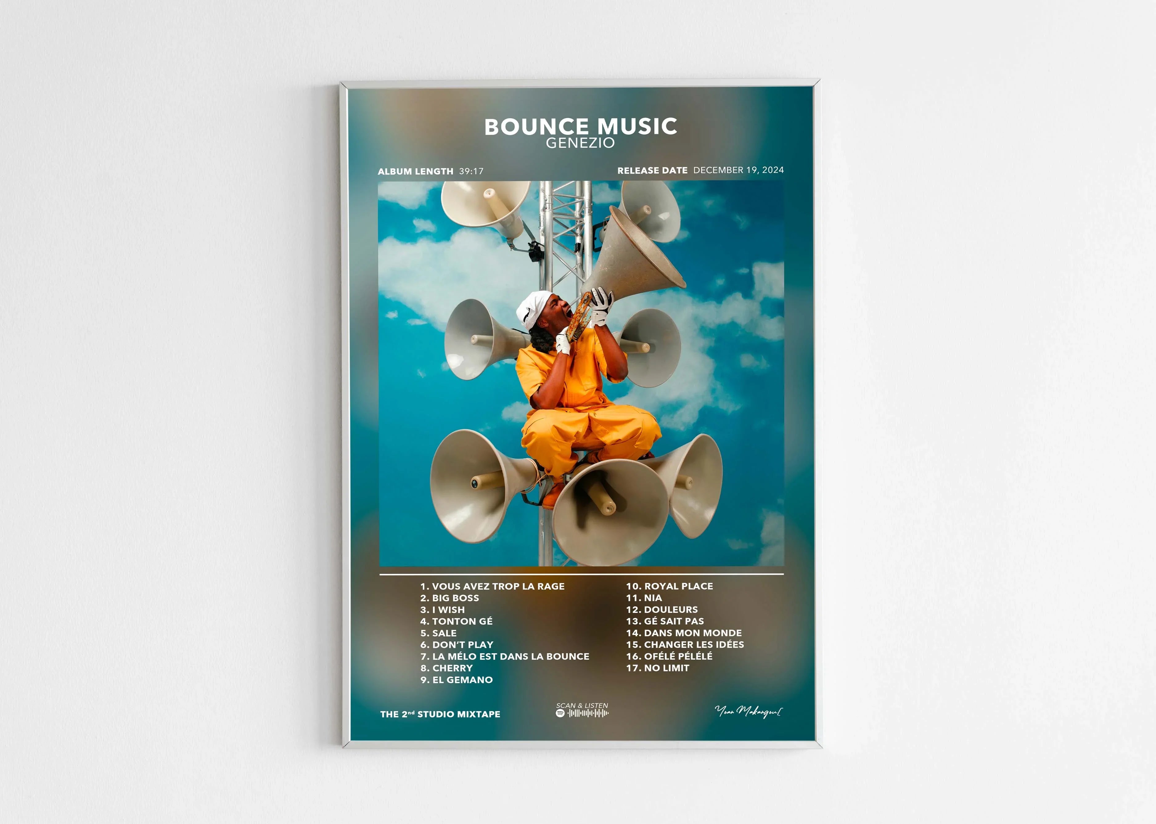 Affiche musique Bounce Music avec artiste en orange entouré de haut-parleurs, fait en France, livraison gratuite 48h