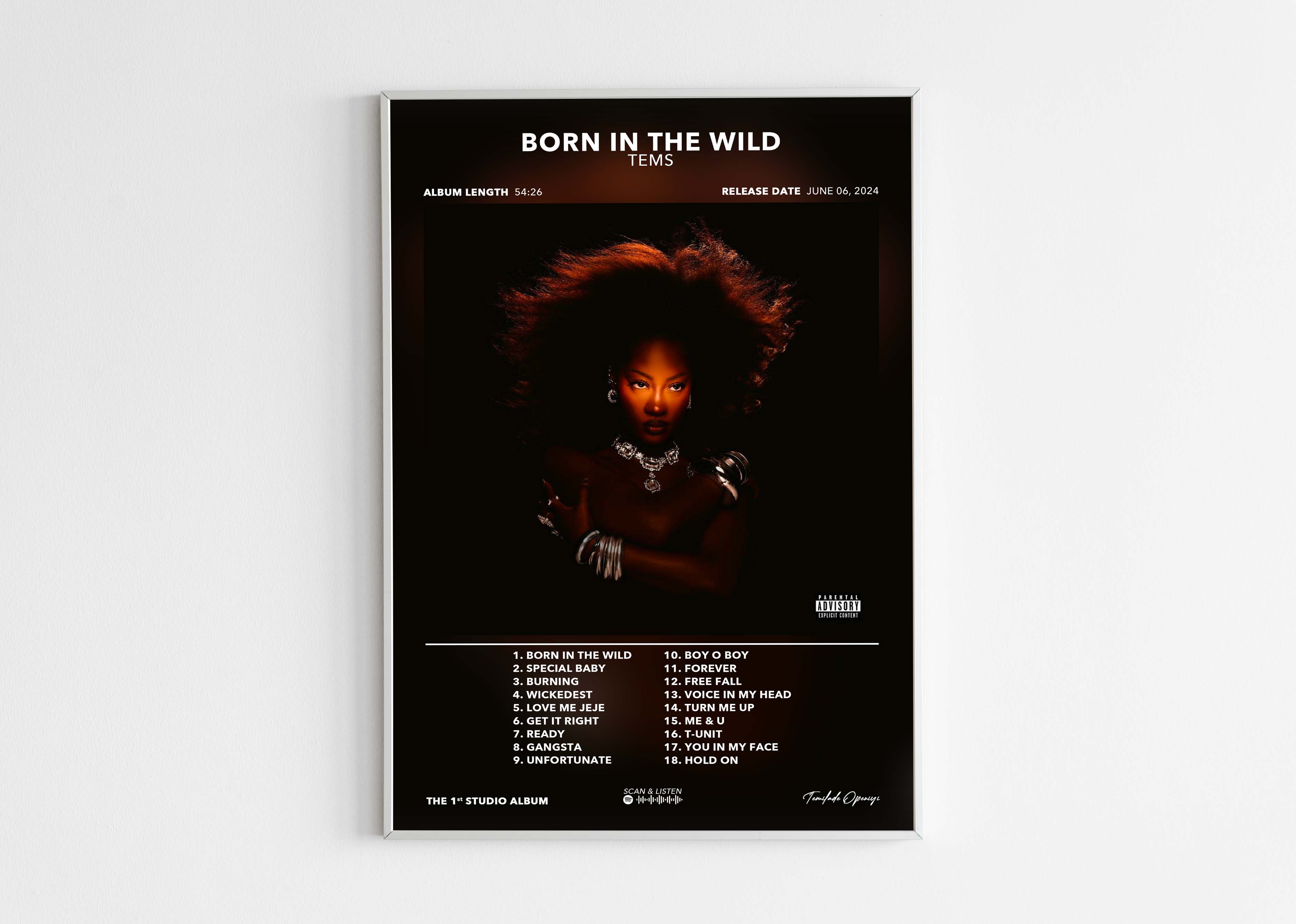 Affiche de l'album Born in the Wild par Tems, sortie 06 juin 2024, fait en France, livraison gratuite 48h
