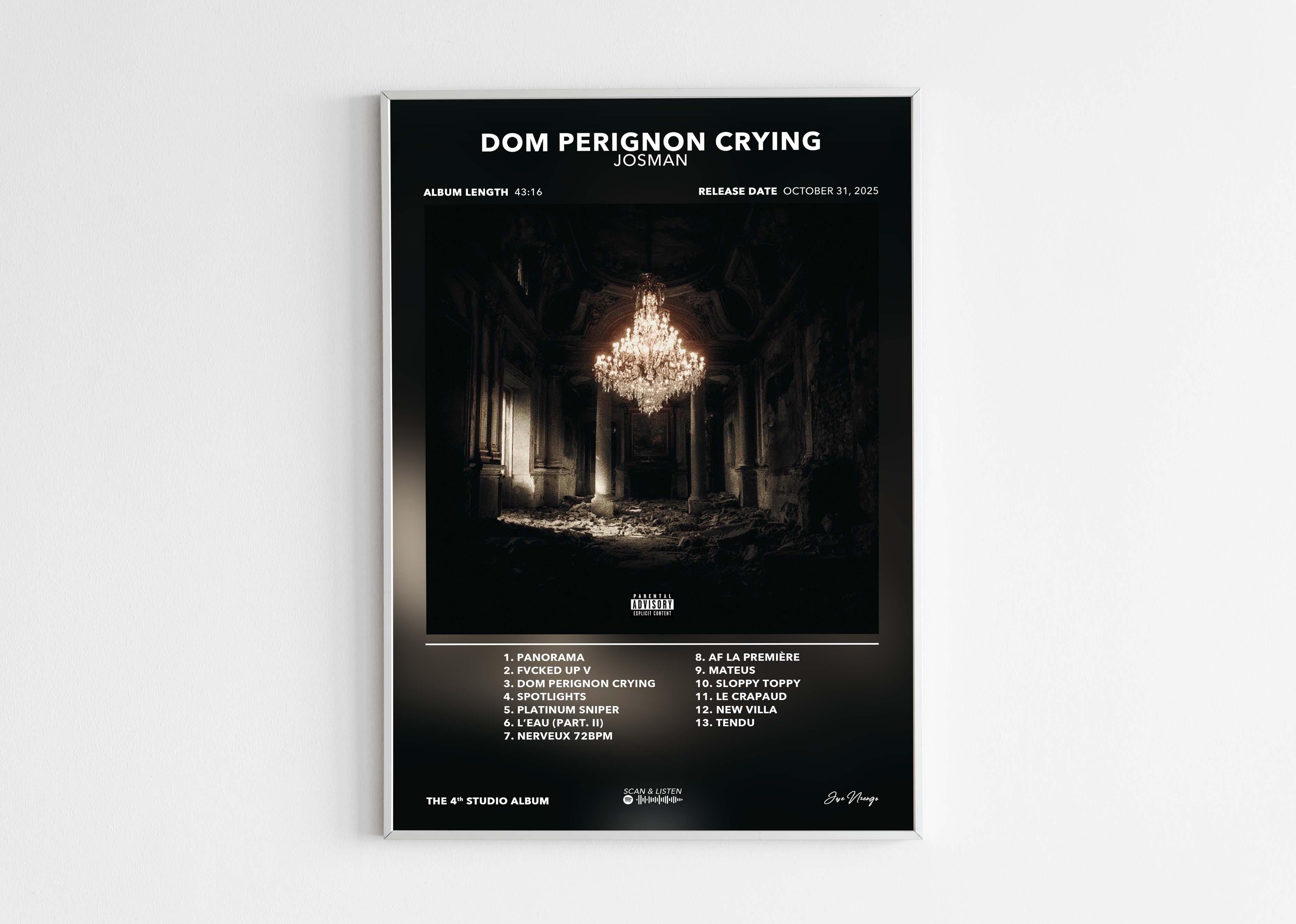 Affiche album Dom Perignon Crying de Josman avec chandelier dans pièce sombre, fait en France, livraison 48h gratuite