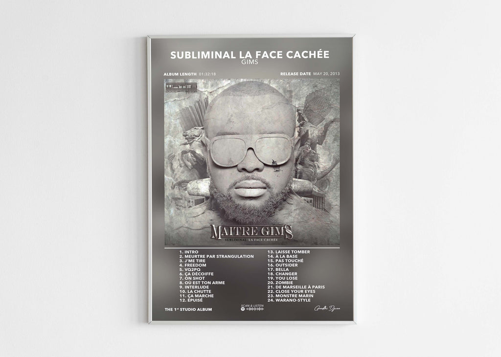 Affiche album Subliminal La Face Cachée de Maître Gims avec liste des titres, fait en France, livraison gratuite en 48h