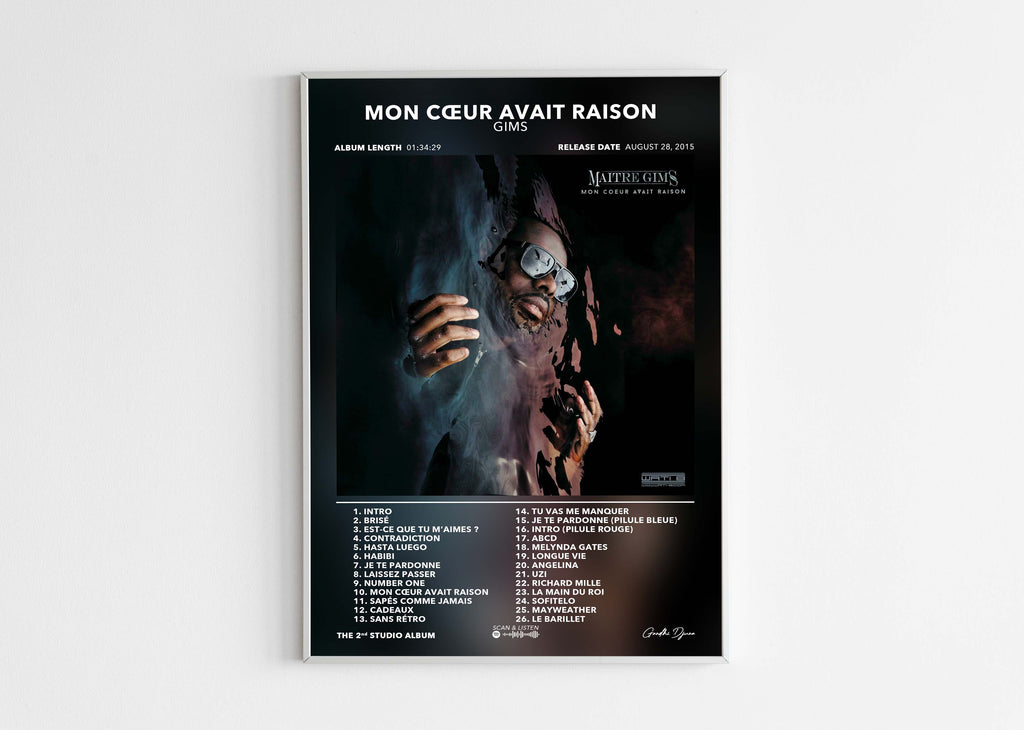 Affiche album Mon Cœur Avait Raison de Maître Gims, photo artiste avec lunettes, fait en France, livraison gratuite 48h