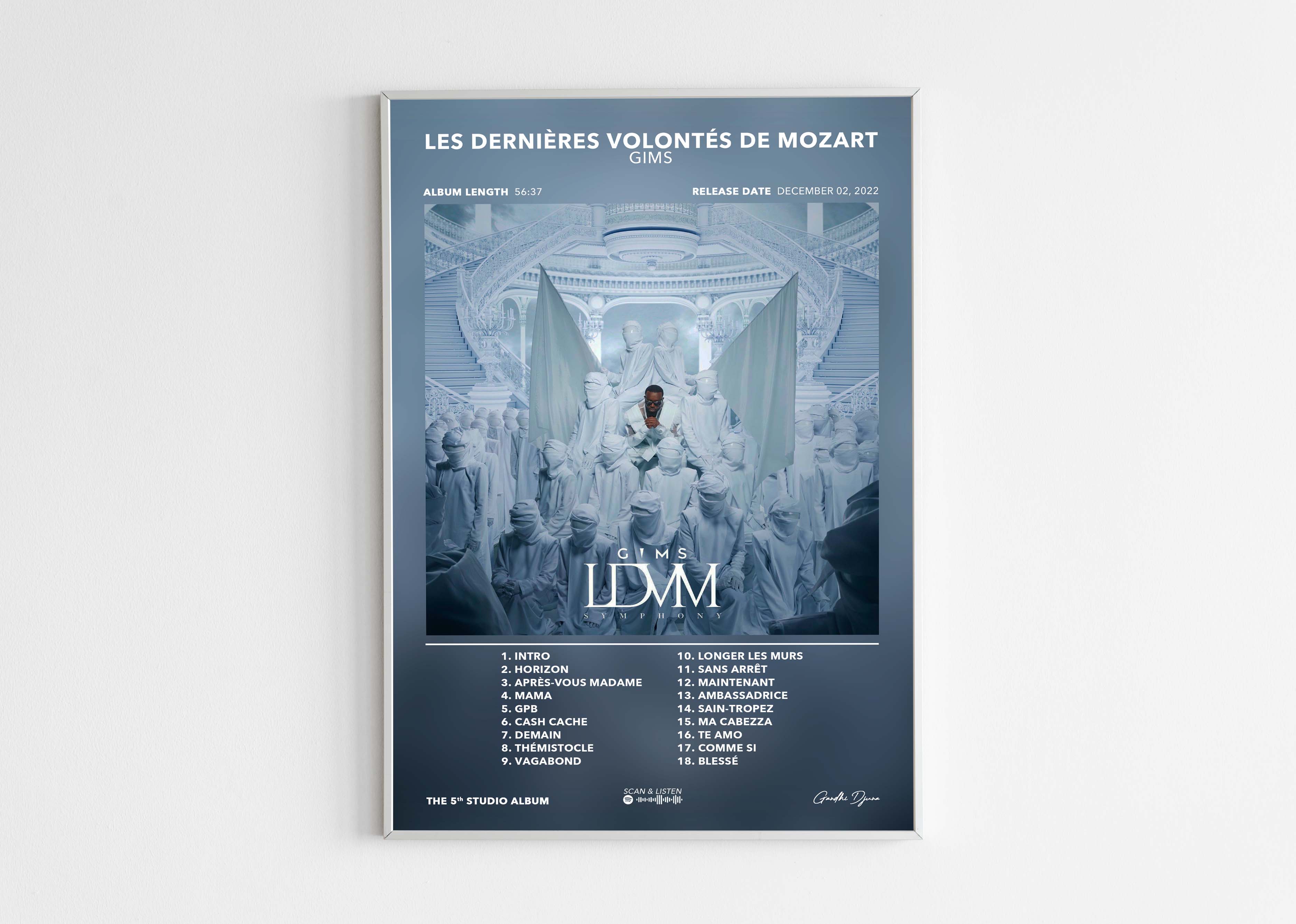 Affiche album Les dernières volontés de Mozart de Gims avec liste de chansons, fait en France, livraison gratuite en 48h