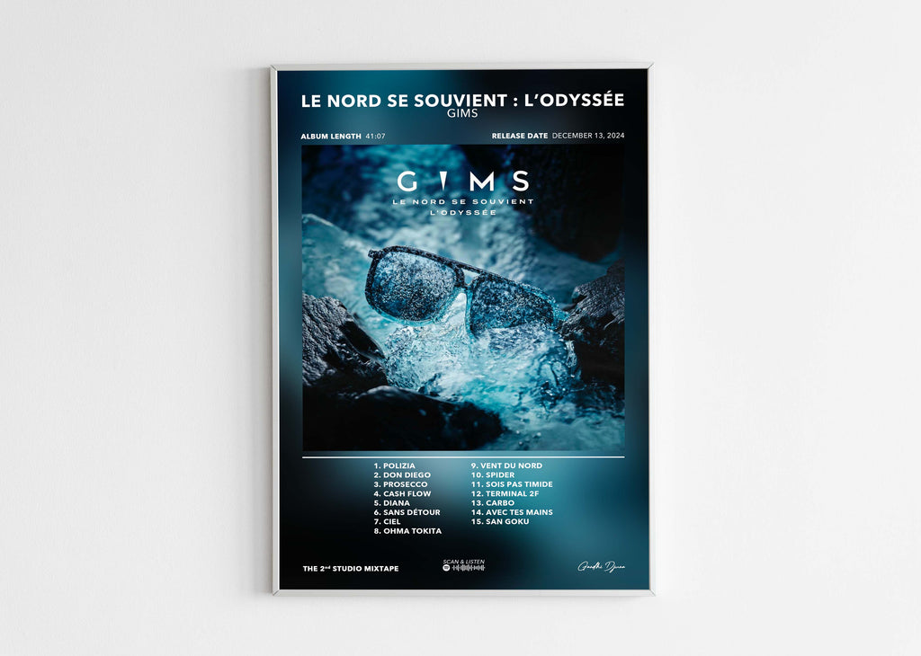 Affiche de l'album Le Nord se Souvient de GIMS avec lunettes sur glace, fait en France, livraison gratuite 48h