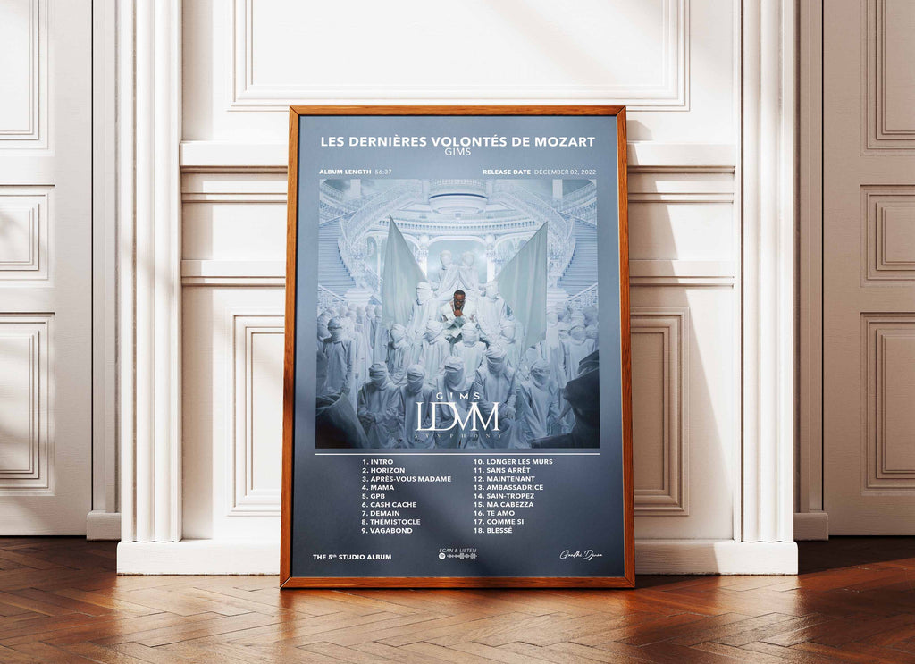 Affiche album Les Dernières Volontés de Mozart de Gims encadrée au sol, fait en France, livraison gratuite 48h
