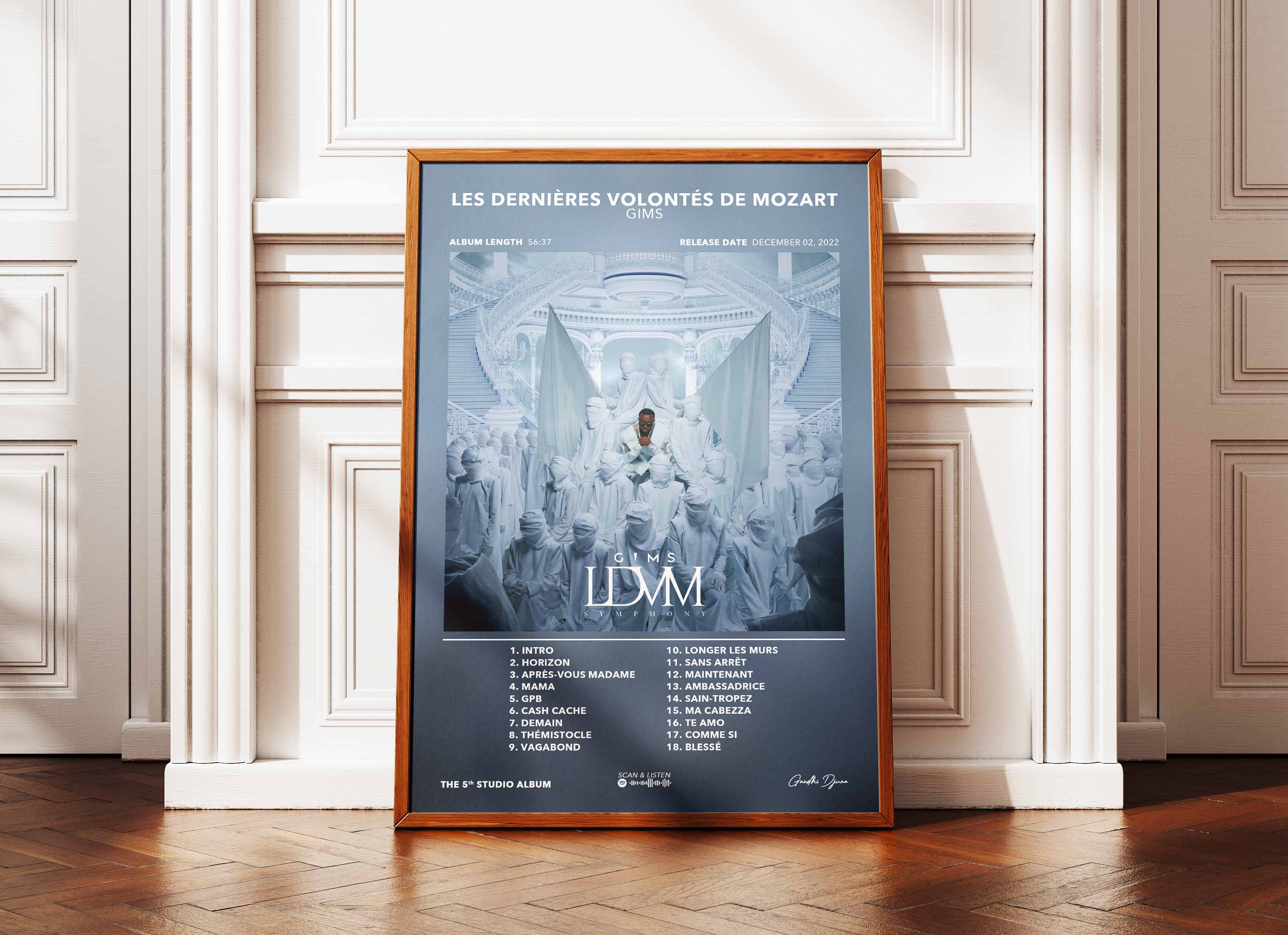 Affiche album Les Dernières Volontés de Mozart de Gims encadrée au sol, fait en France, livraison gratuite 48h