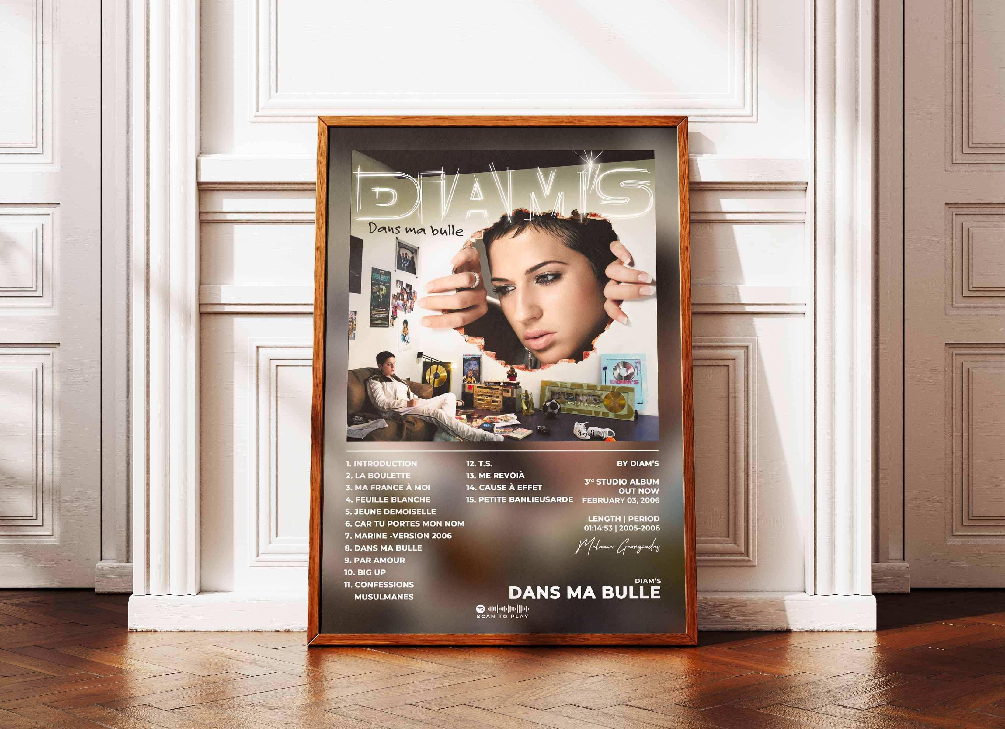 Affiche album Diam's Dans ma bulle posée au sol, fait en France, livraison 48h, cadeau idéal Noël