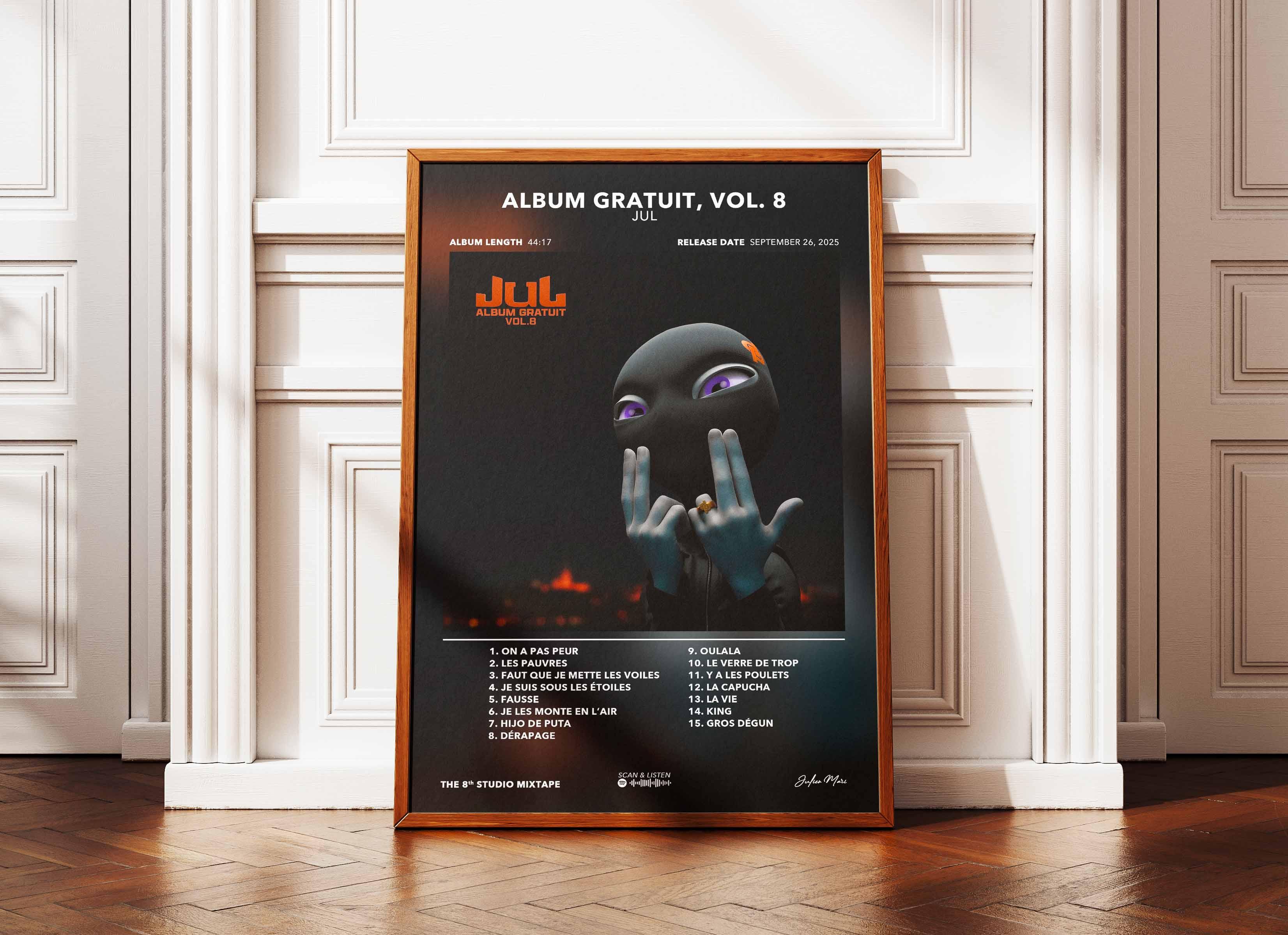 Affiche album gratuit Vol. 8 de Jul avec liste des chansons, fait en France, livraison gratuite 48h