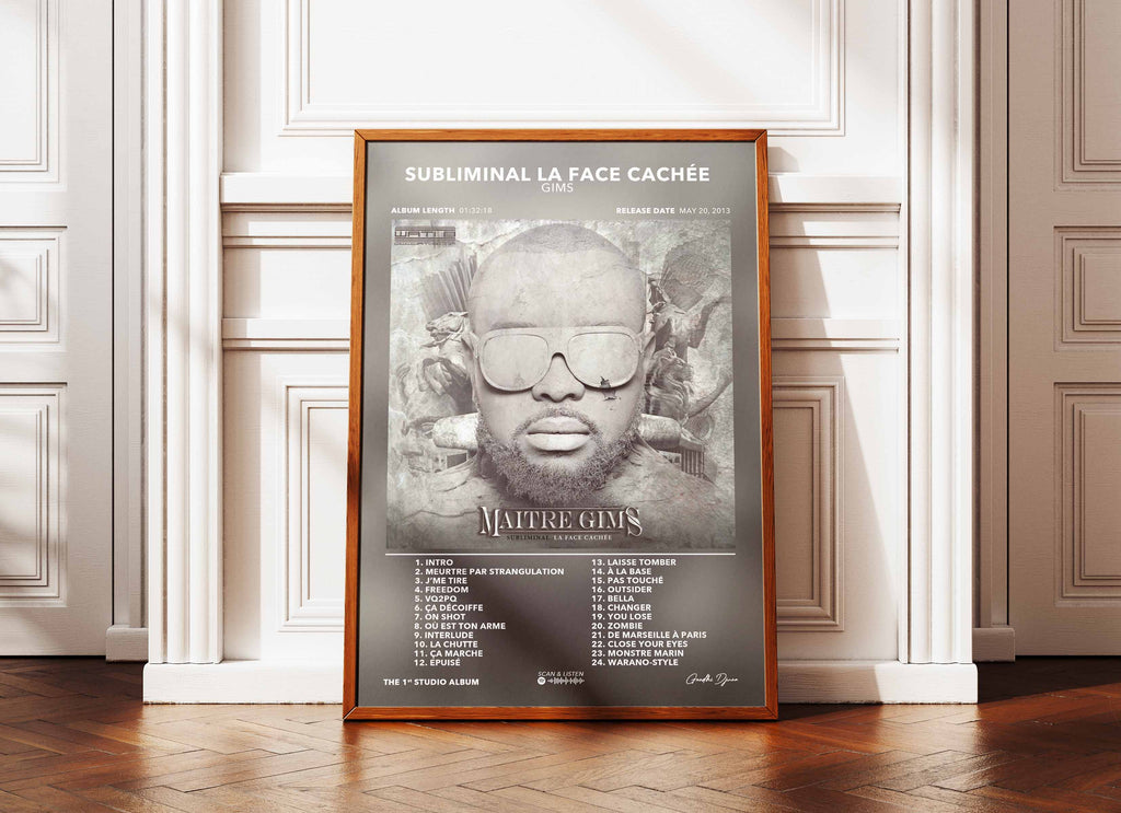 Affiche album Subliminal La Face Cachée de Maître Gims, portrait en nuance de gris, fait en France, livraison gratuite en 48h