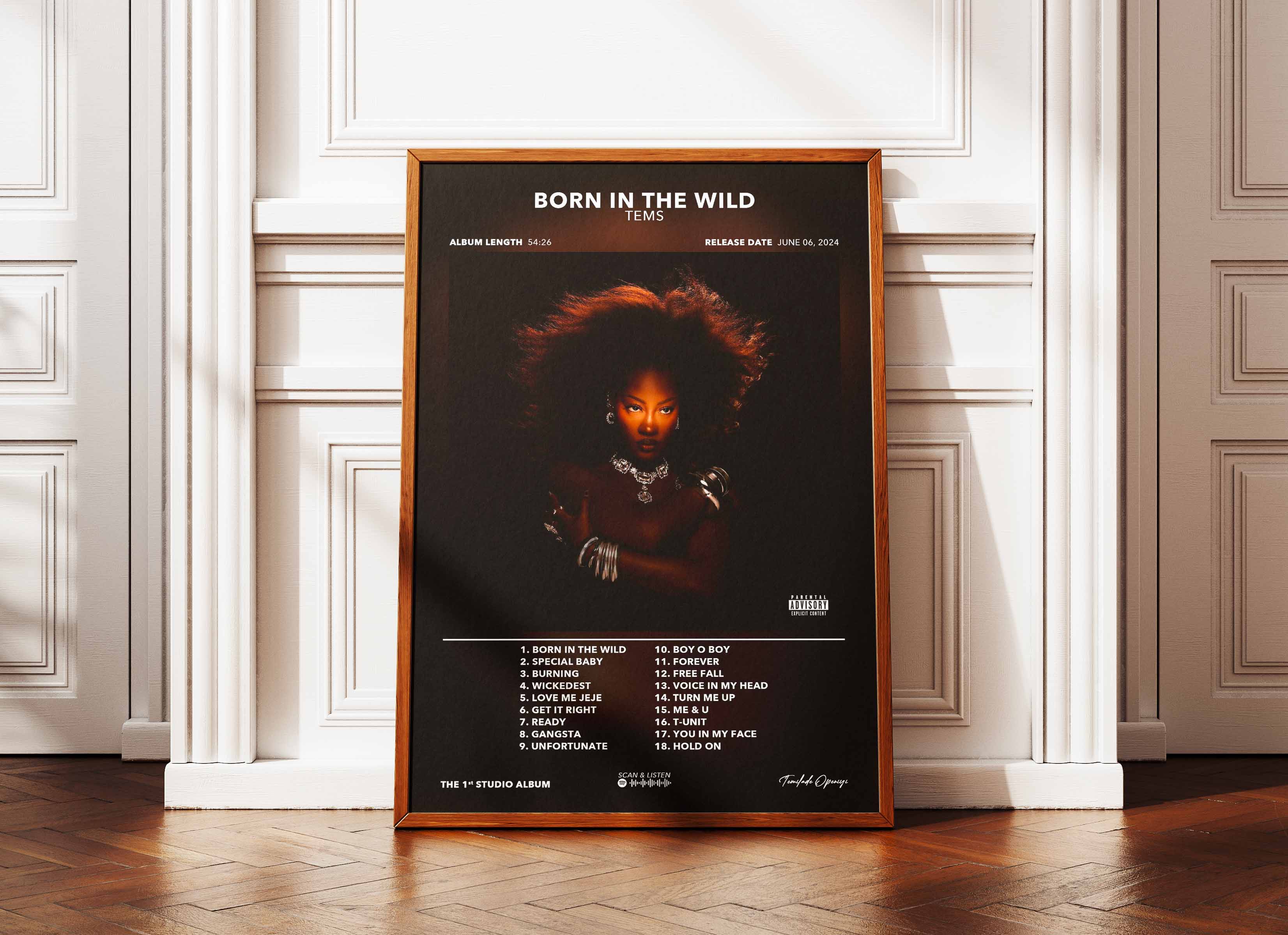 Affiche musique Born in the Wild avec portrait femme afro et liste chansons, fait en France, livraison gratuite 48h