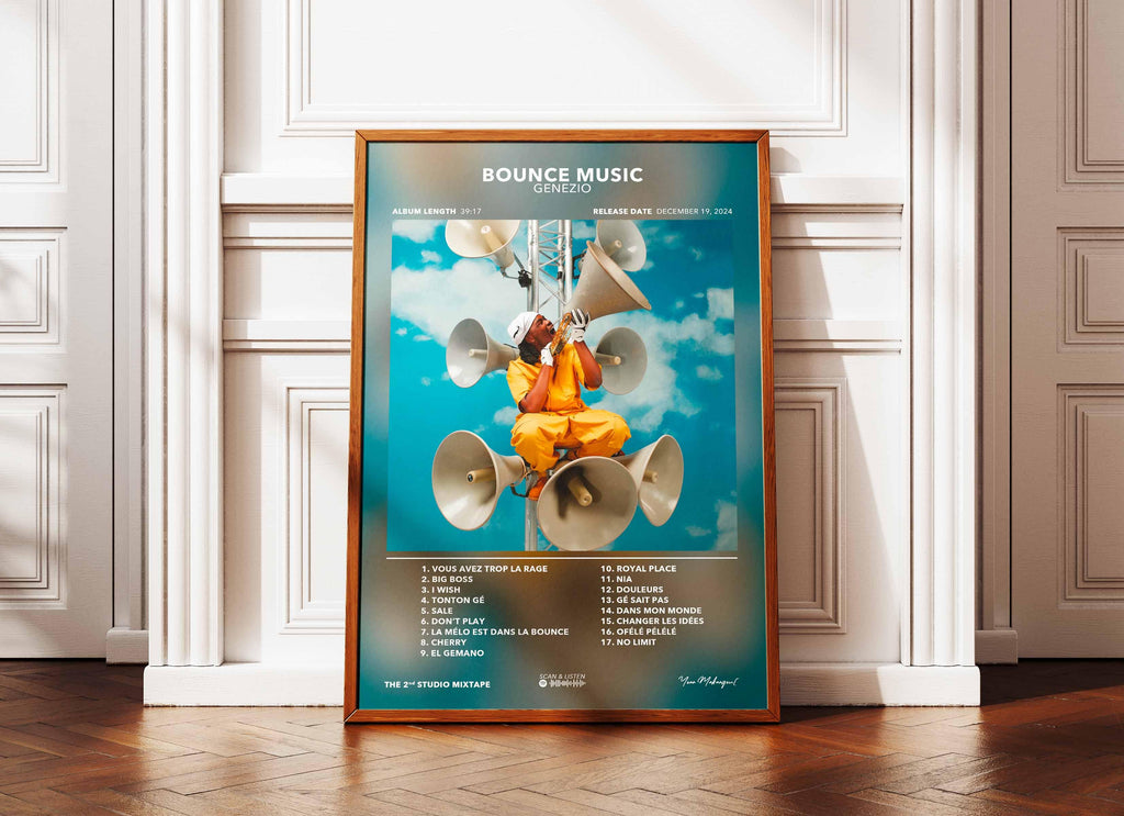 Affiche d'album Bounce Music avec homme en jaune et haut-parleurs, fait en France, livraison gratuite 48h