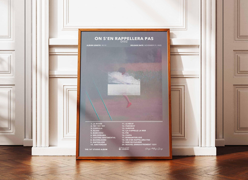 Affiche album musical "On s'en rappellera pas" de Disiz posée au sol avec liste de chansons, fait en France, livraison gratuite 48h