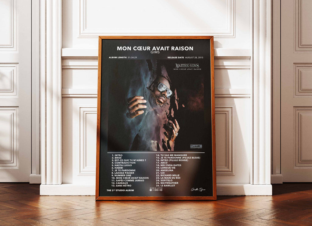 Affiche de l'album Mon Cœur Avait Raison de Gims en cadre bois, fait en France, livraison gratuite 48h