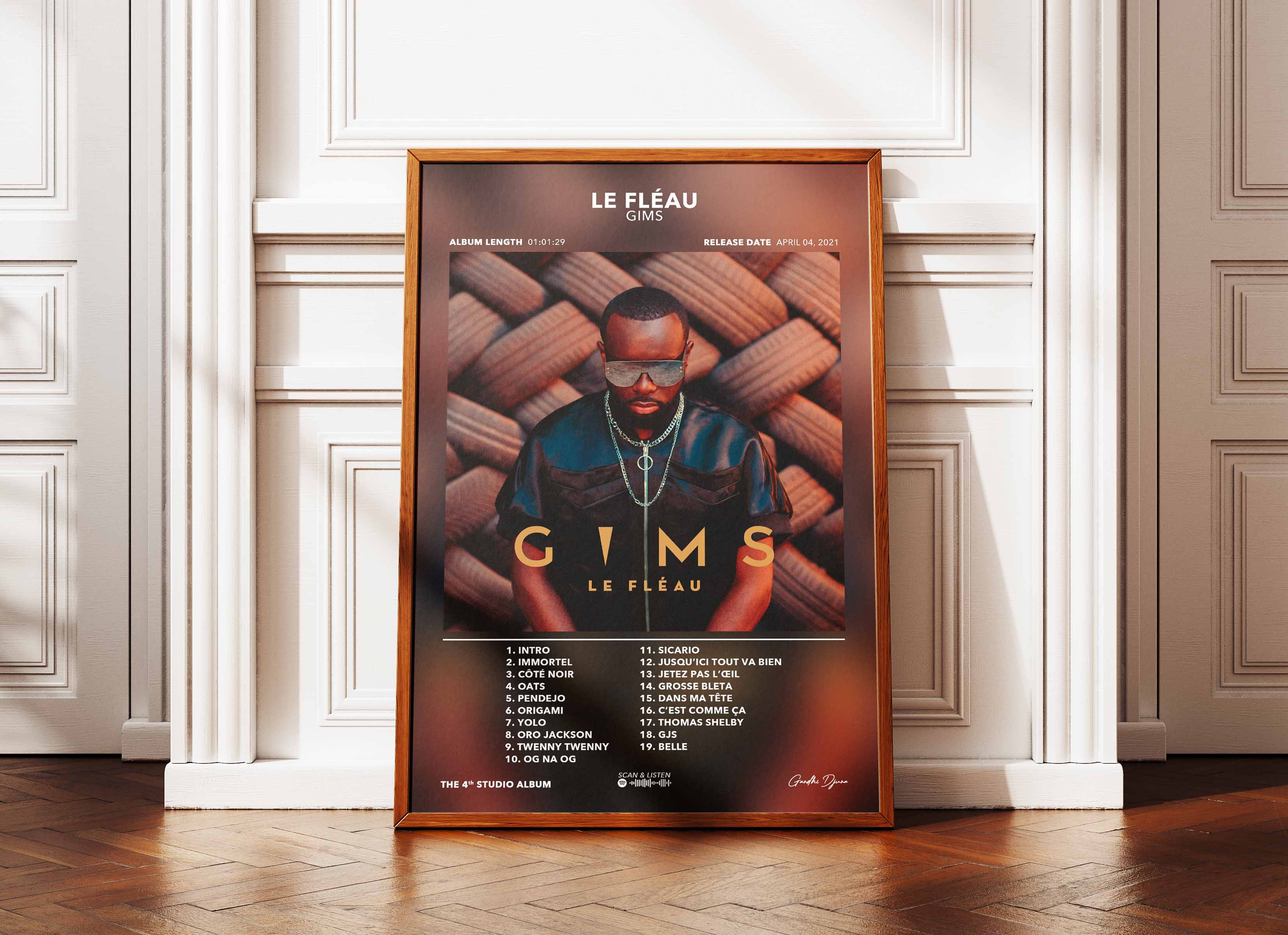 Affiche album Le Fléau de GIMS posée sur parquet, faite en France, livraison gratuite en 48h