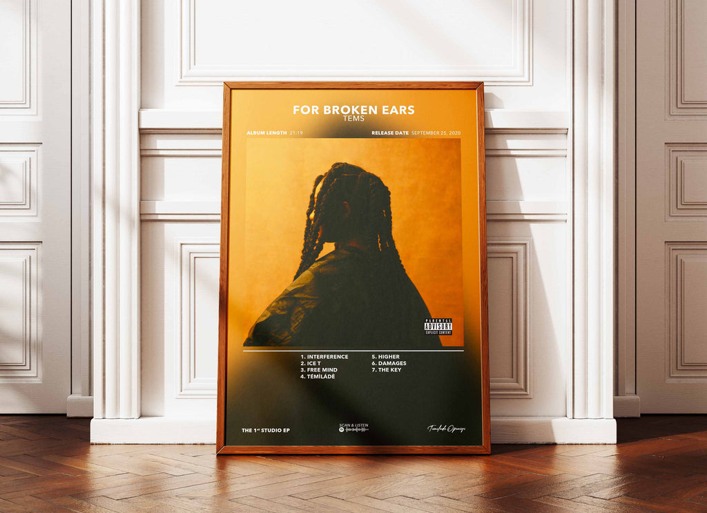Poster encadré d'un album de musique 'For Broken Ears' posé contre un mur blanc, fait en France avec livraison gratuite en 48h