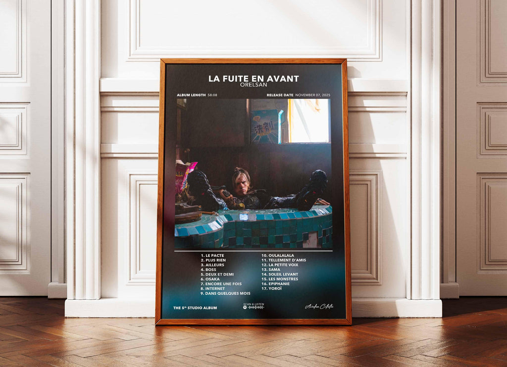 Affiche de l'album La Fuite en Avant d'Orelsan, faite en France, livraison gratuite 48h