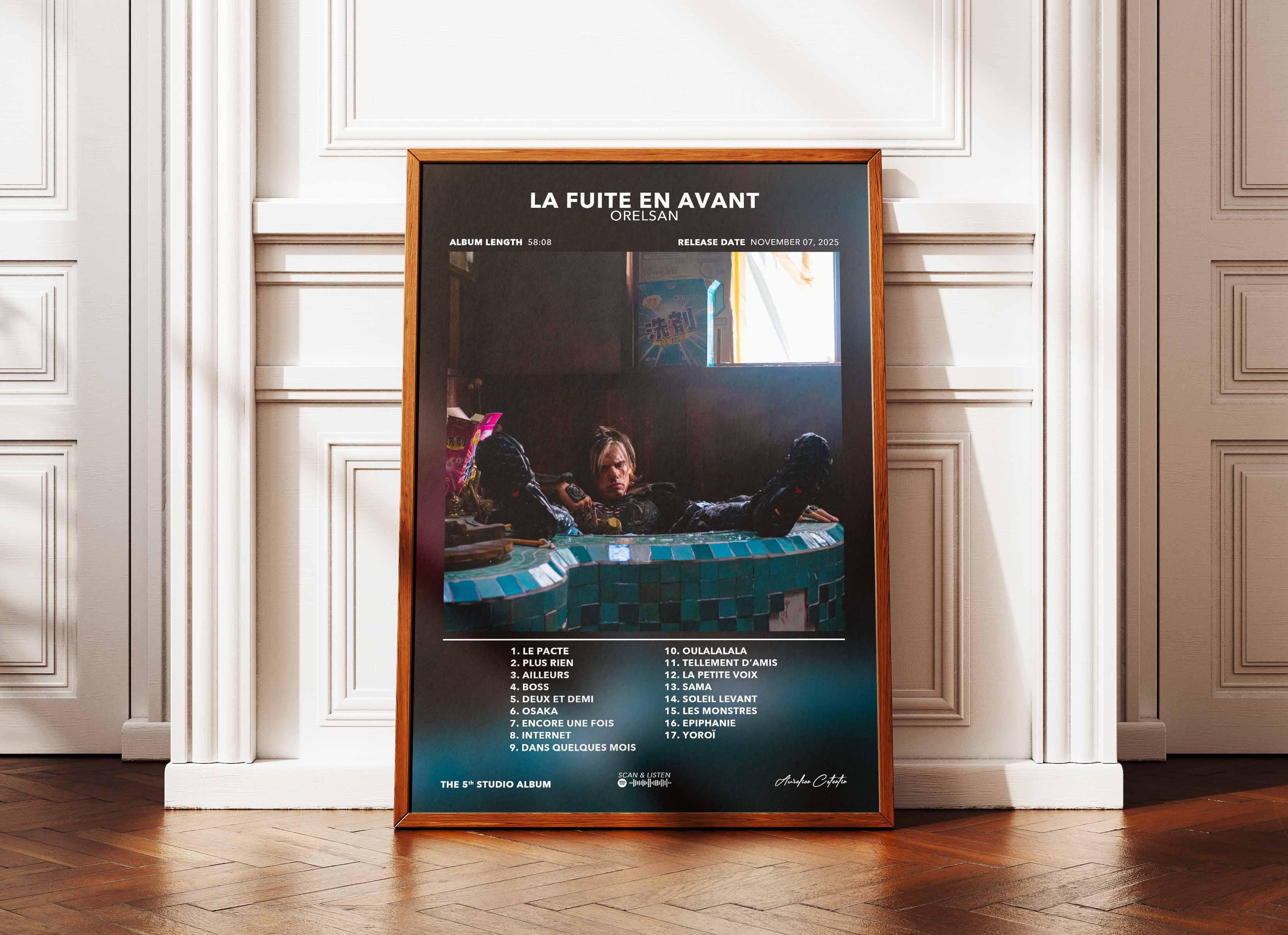 Affiche de l'album La Fuite en Avant d'Orelsan, faite en France, livraison gratuite 48h