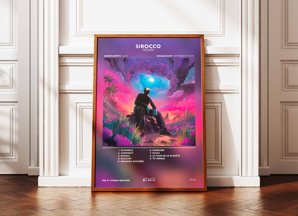 Affiche album Sirocco Houidi avec illustration colorée, fait en France, livraison gratuite 48h