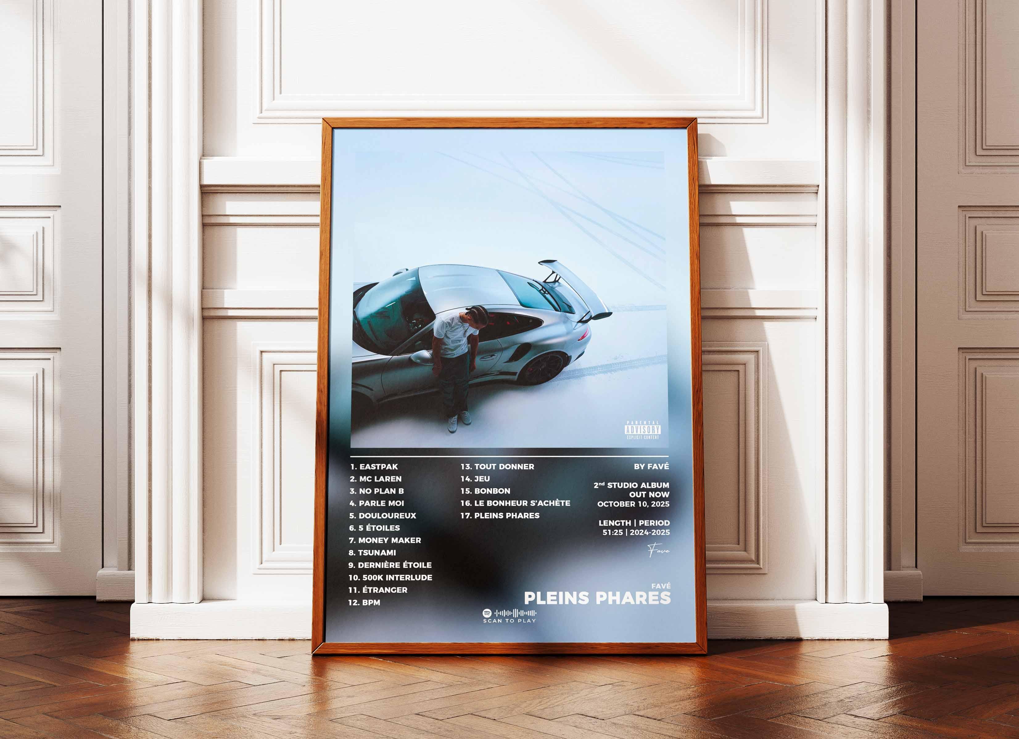 Affiche de l'album Pleins Phares avec un homme debout près d'une voiture de sport grise, fait en France, livraison gratuite en 48h