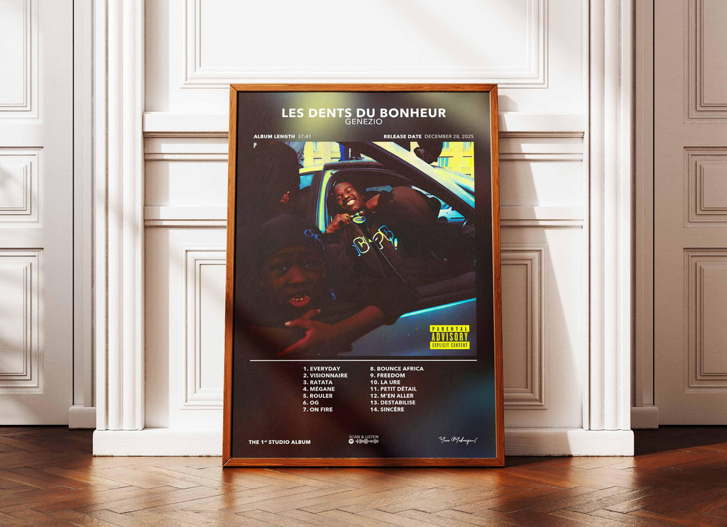 Affiche album Les Dents du Bonheur de Genezio avec photo de trois personnes en voiture, fait en France, livraison gratuite 48h