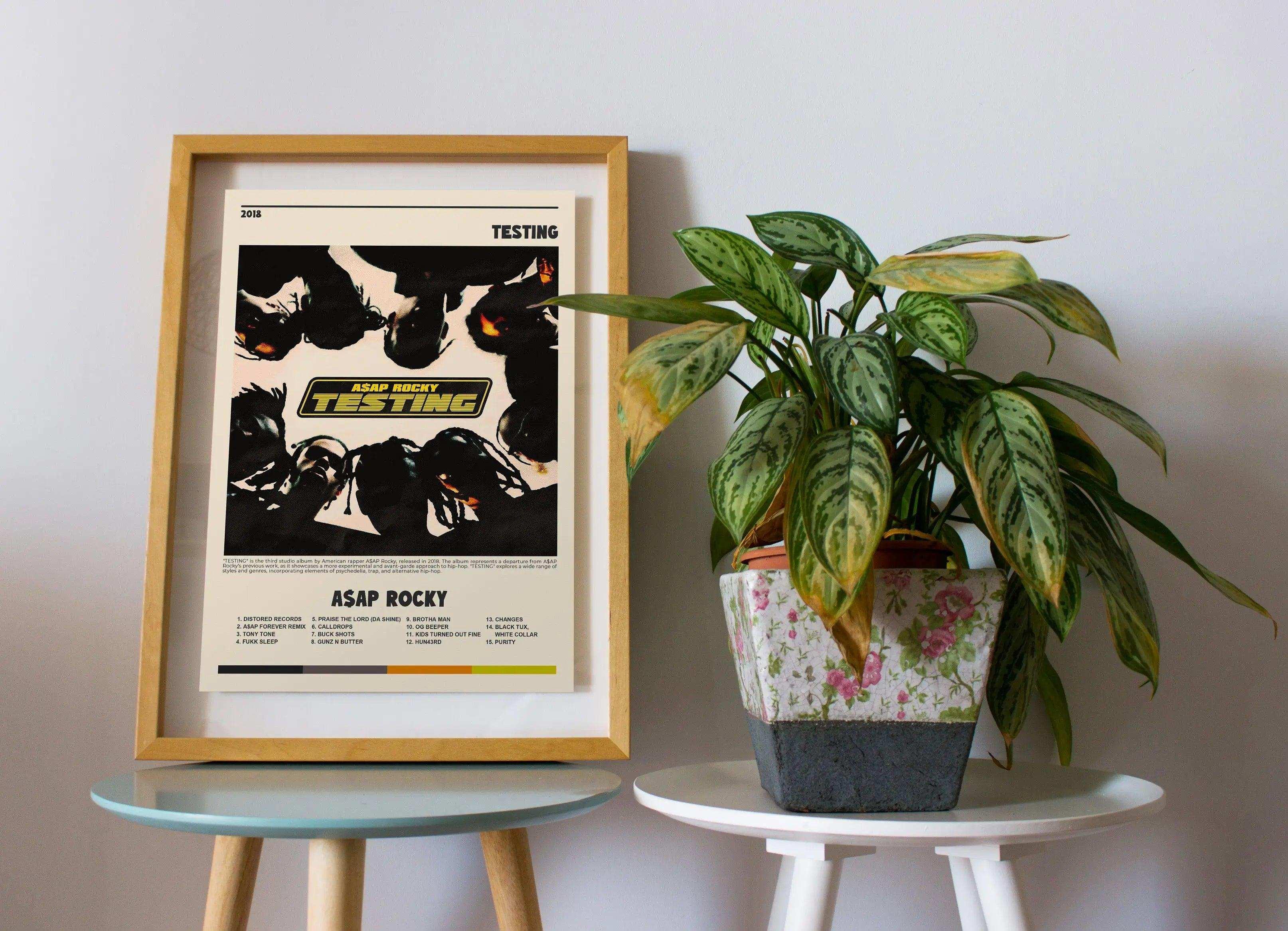 Affiche encadrée ASAP Rocky Testing posée sur une table avec plante verte, fait en France, livraison gratuite 48h, cadeau idéal pour Noël.