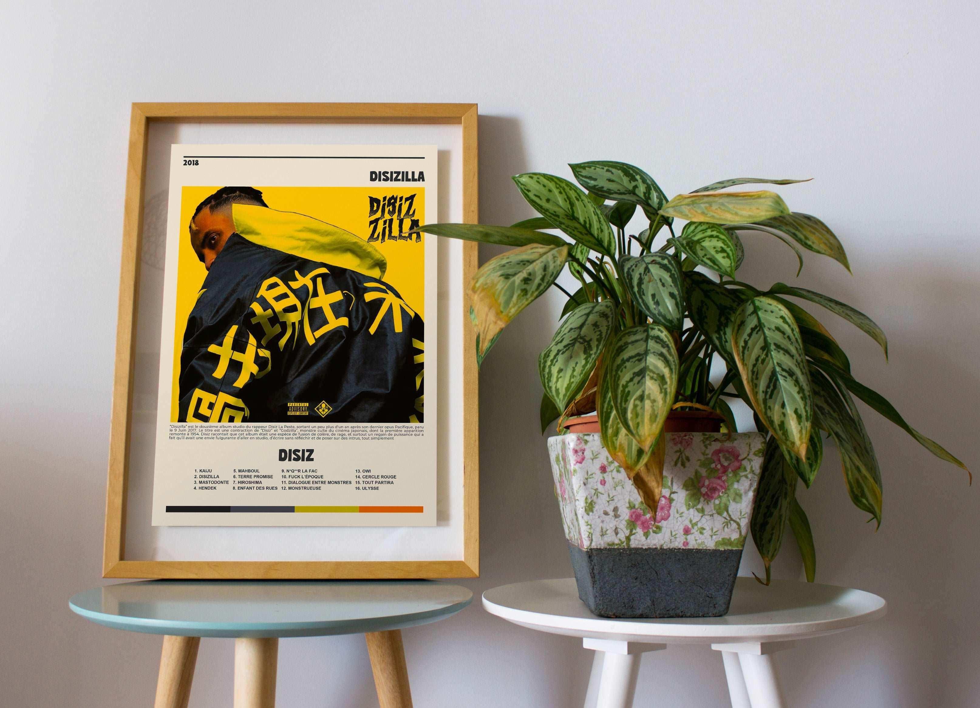 Affiche encadrée Disizilla posée sur une table, plante verte à côté, fait en France, livraison gratuite 48h, cadeau idéal pour Noël