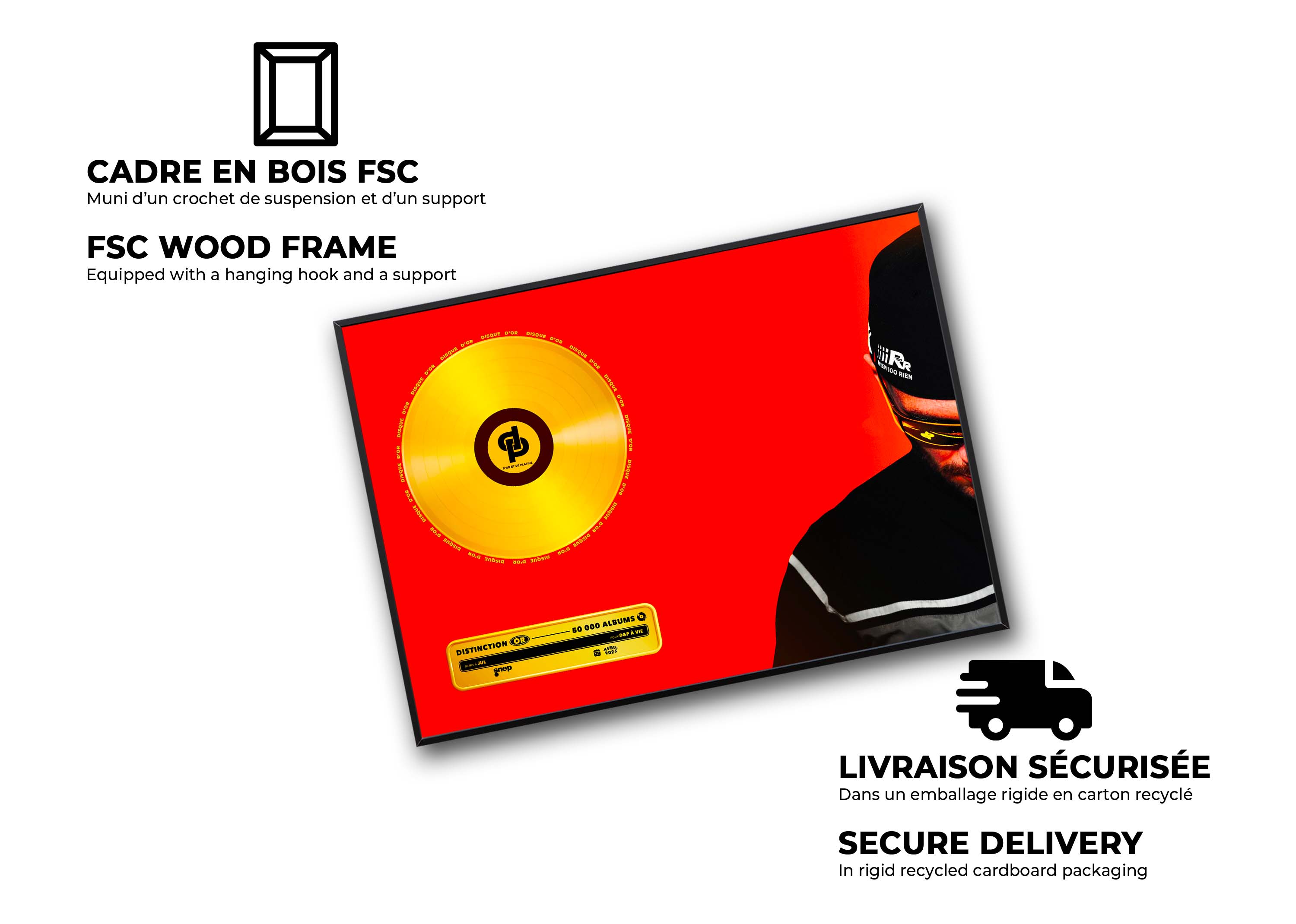 Cadre en bois FSC avec disque d'or et photo rouge noir, fait en France, livraison gratuite 48h