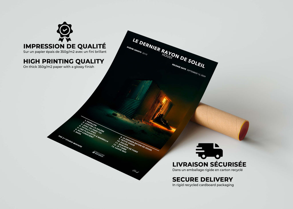 Affiche album "Le Dernier Rayon de Soleil" avec photo d'une cabane éclairée, fait en France, livraison gratuite 48h