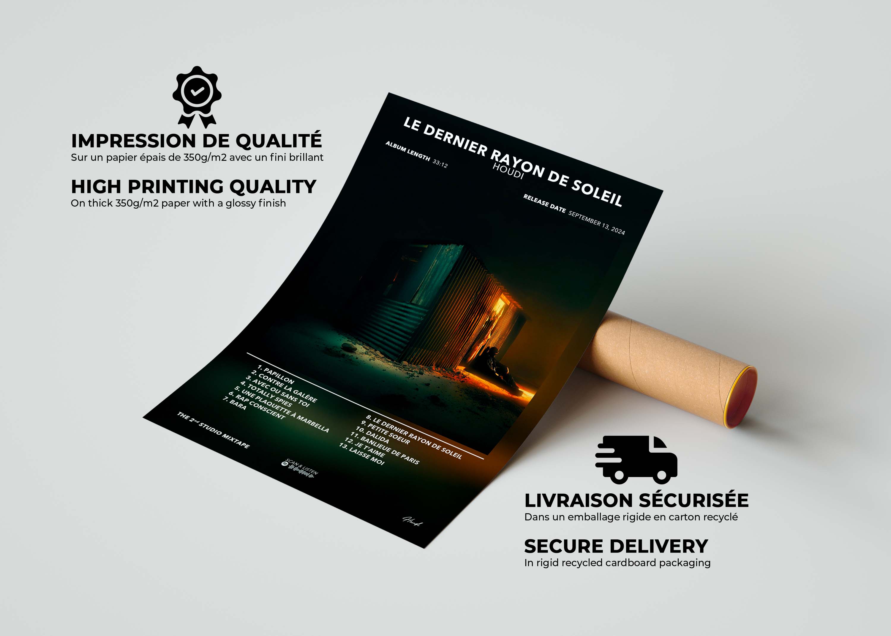 Affiche album "Le Dernier Rayon de Soleil" avec photo d'une cabane éclairée, fait en France, livraison gratuite 48h