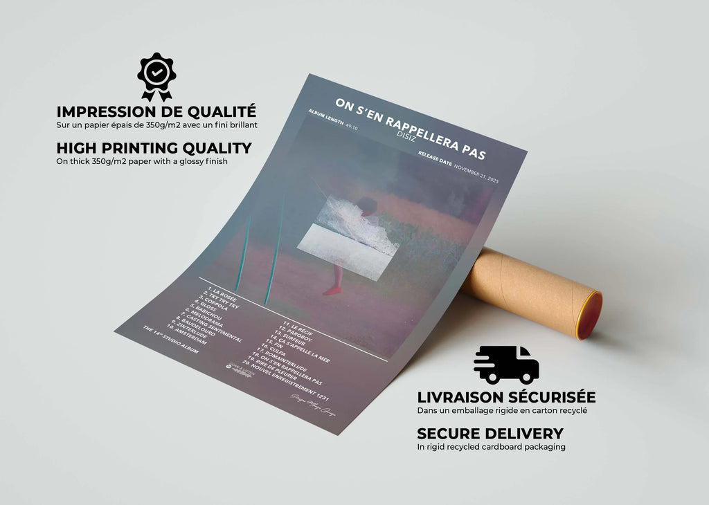 Affiche d'album imprimée sur papier 350g/m2 avec texte sur impression de qualité et livraison sécurisée, fait en France, livraison gratuite 48h