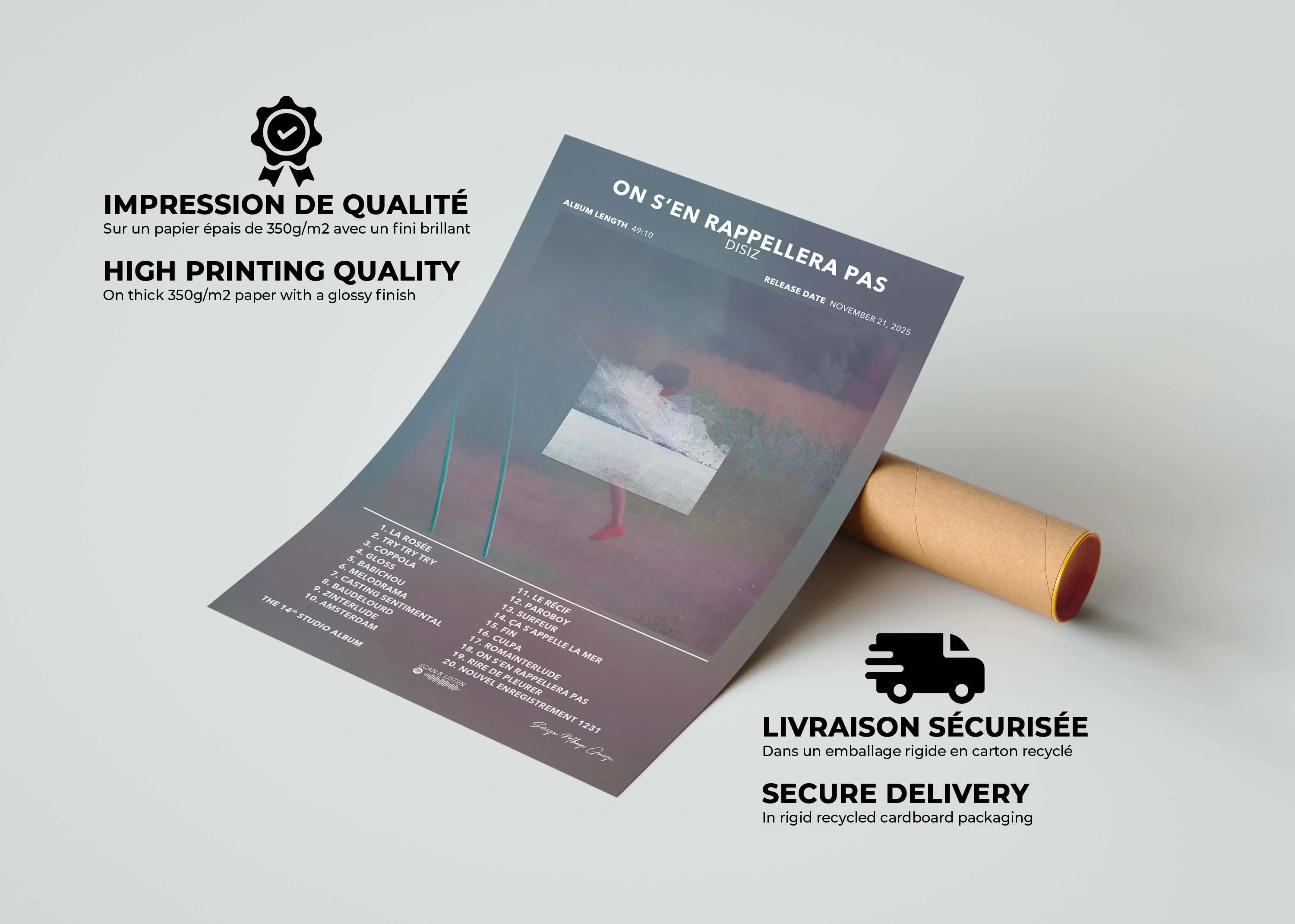 Affiche d'album imprimée sur papier 350g/m2 avec texte sur impression de qualité et livraison sécurisée, fait en France, livraison gratuite 48h