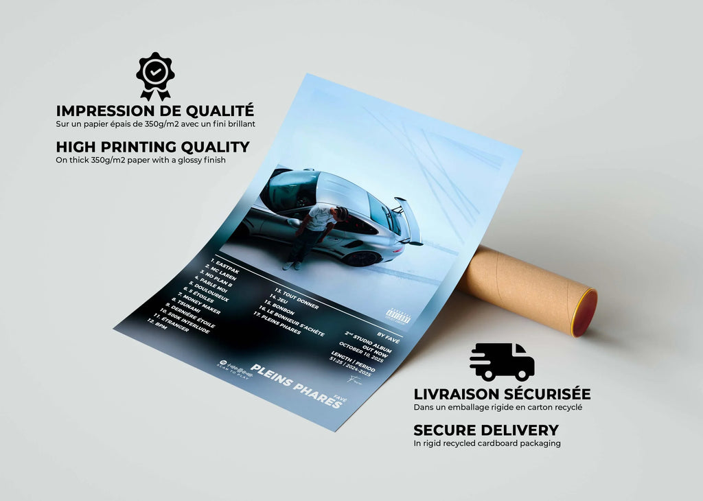 Affiche imprimée de haute qualité d'une voiture sportive et un homme, faite en France, livraison gratuite en 48h