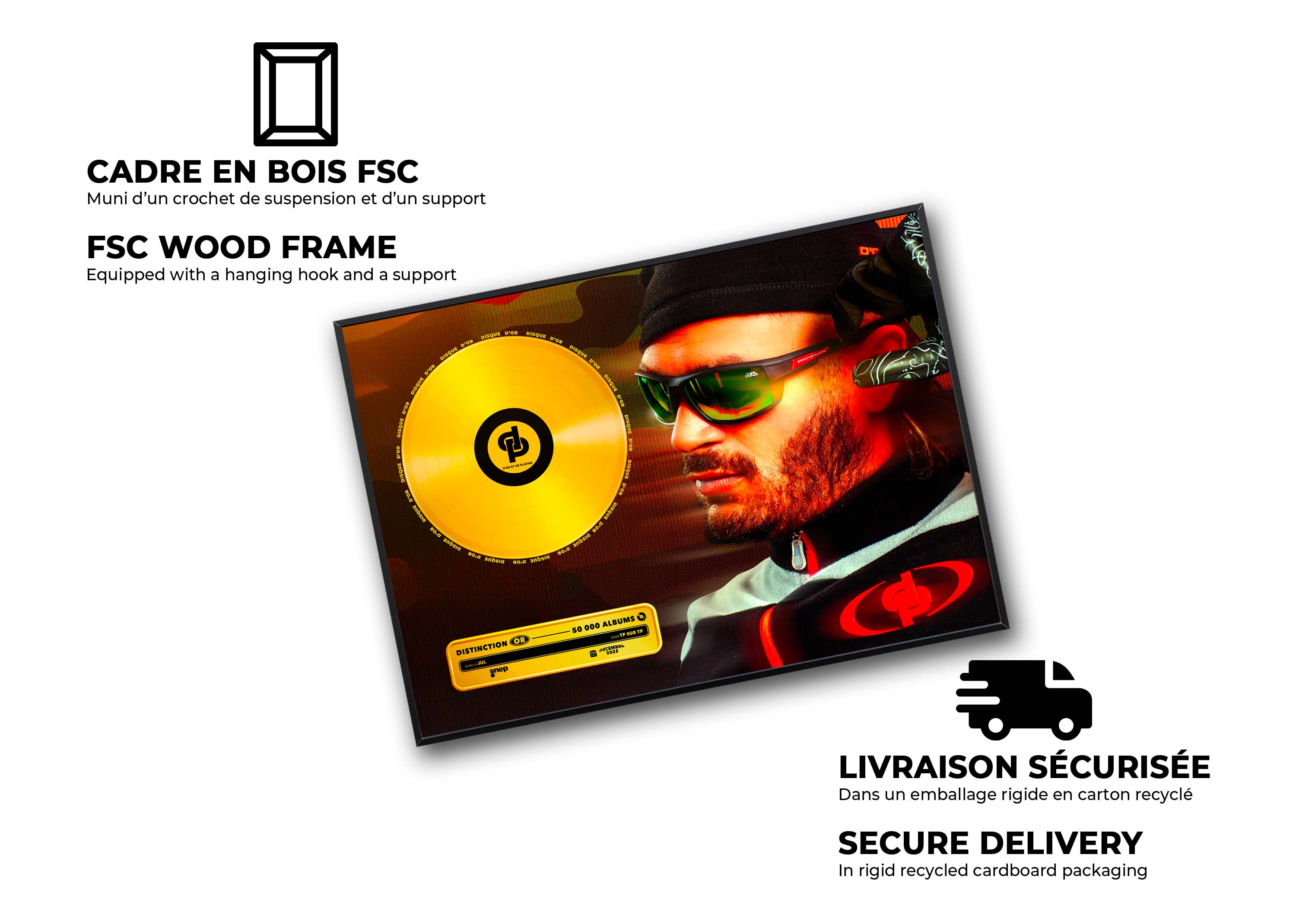 Cadre en bois FSC avec disque d'or et portrait masculine, produit fait en France, livraison gratuite en 48h