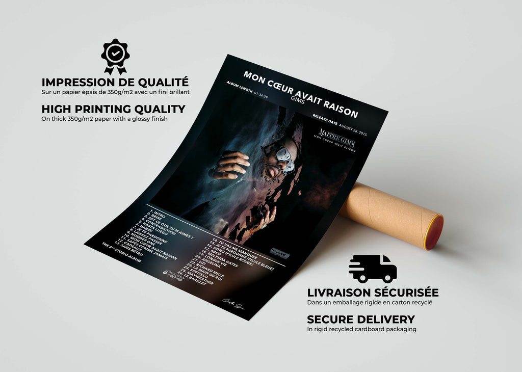 Affiche album Mon cœur avait raison de Gims sur papier 350g/m2, fait en France, livraison gratuite en 48h