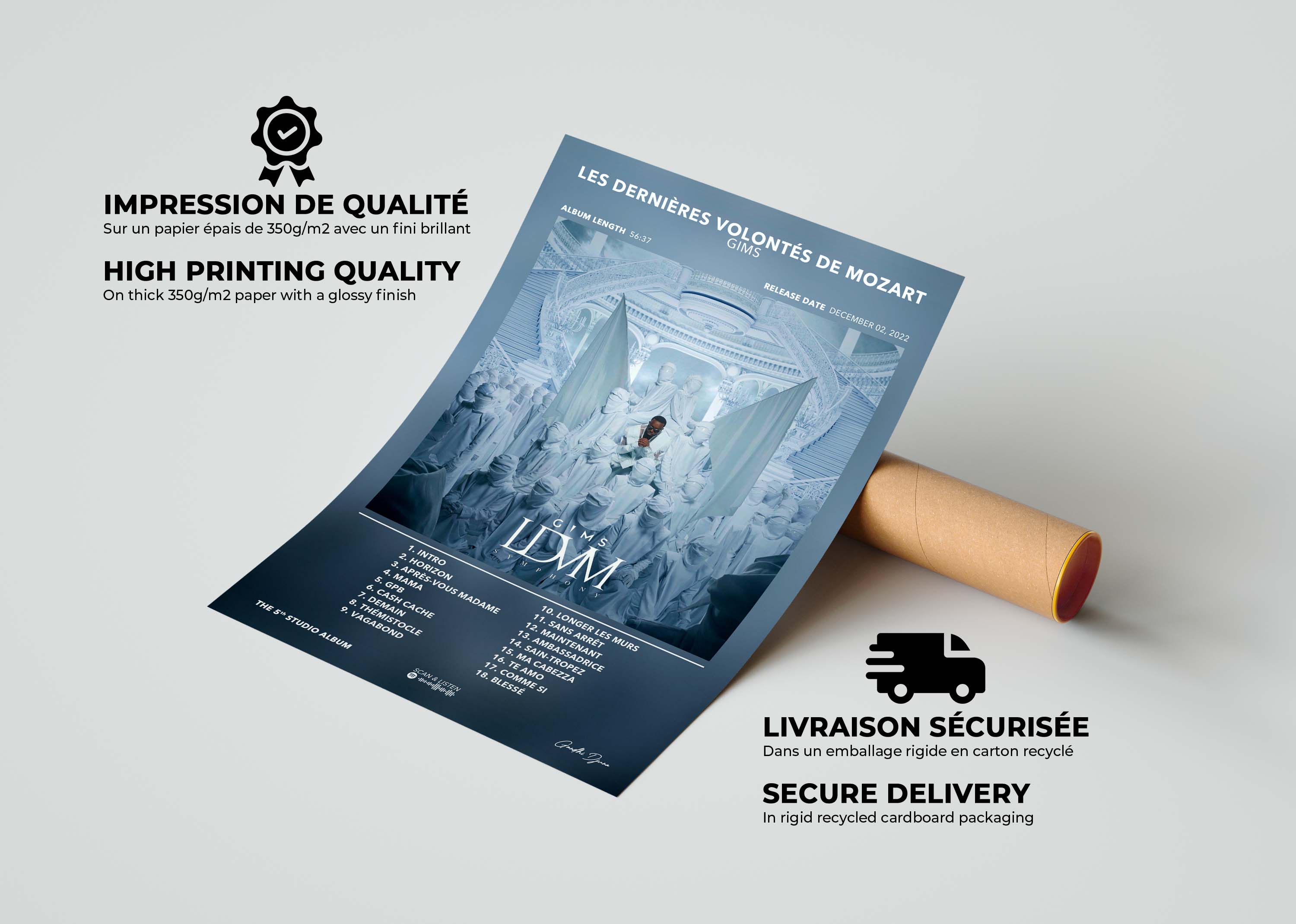 Affiche de l'album Les Dernières Volontés de Mozart par GIMS sur papier 350g/m2, fait en France, livraison gratuite en 48h