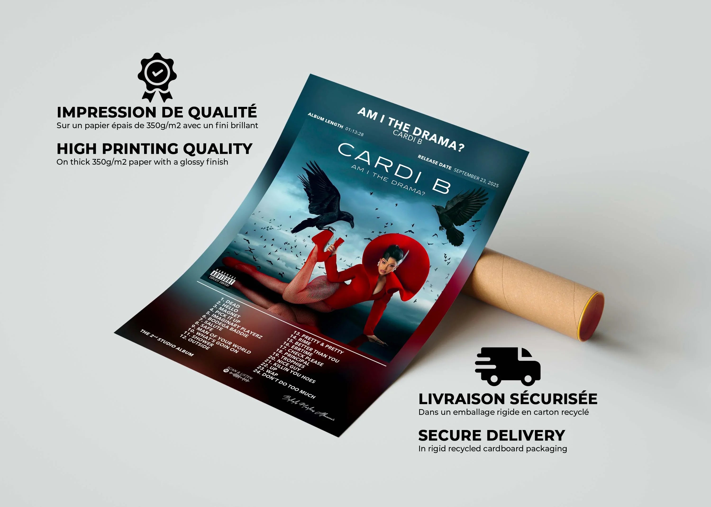 Affiche album Cardi B Am I The Drama, impression qualité 350g/m2, fait en France, livraison gratuite 48h