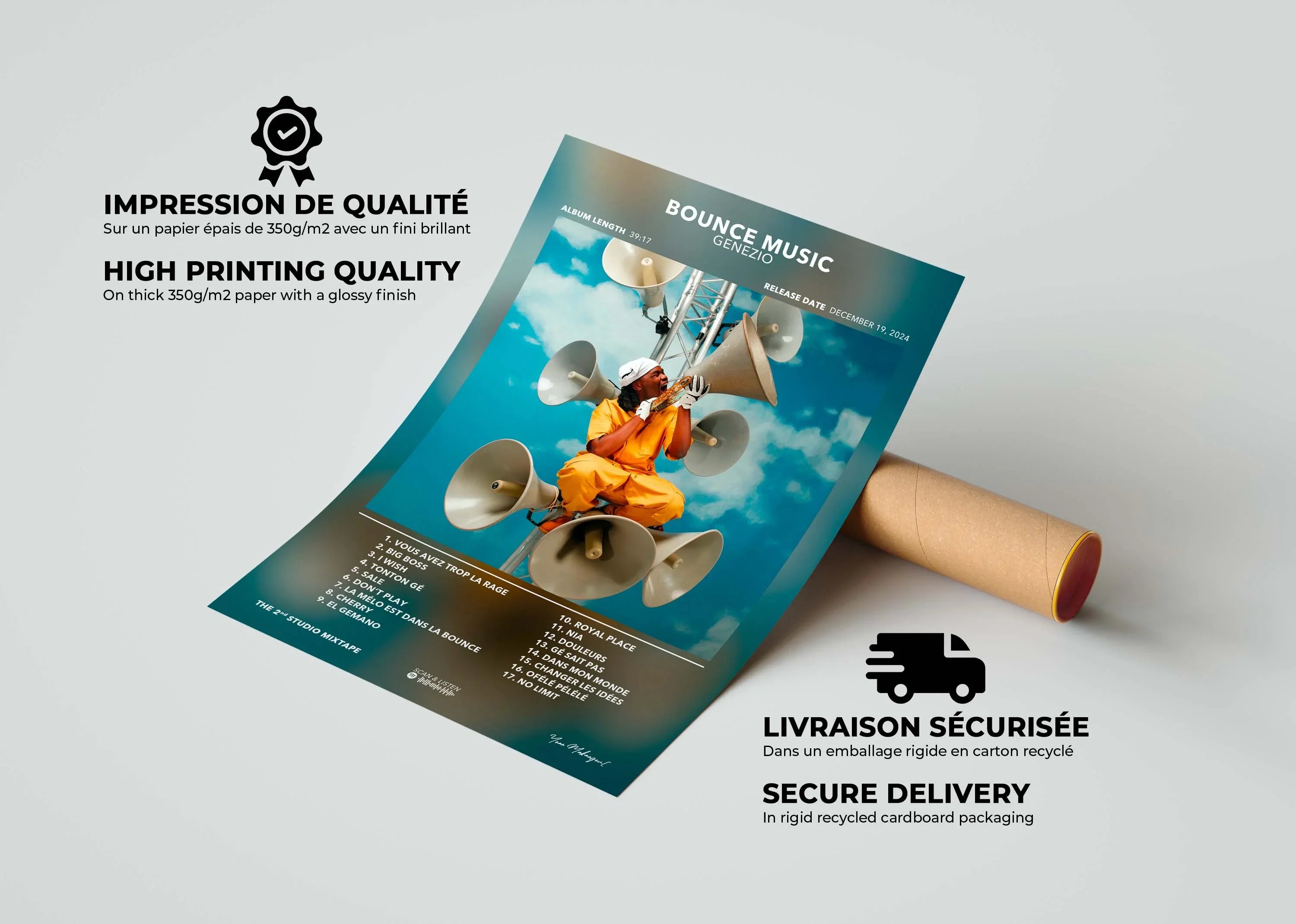 Affiche promotionnelle d'un album Bounce Music en papier 350g/m2 brillant, fait en France, livraison gratuite 48h