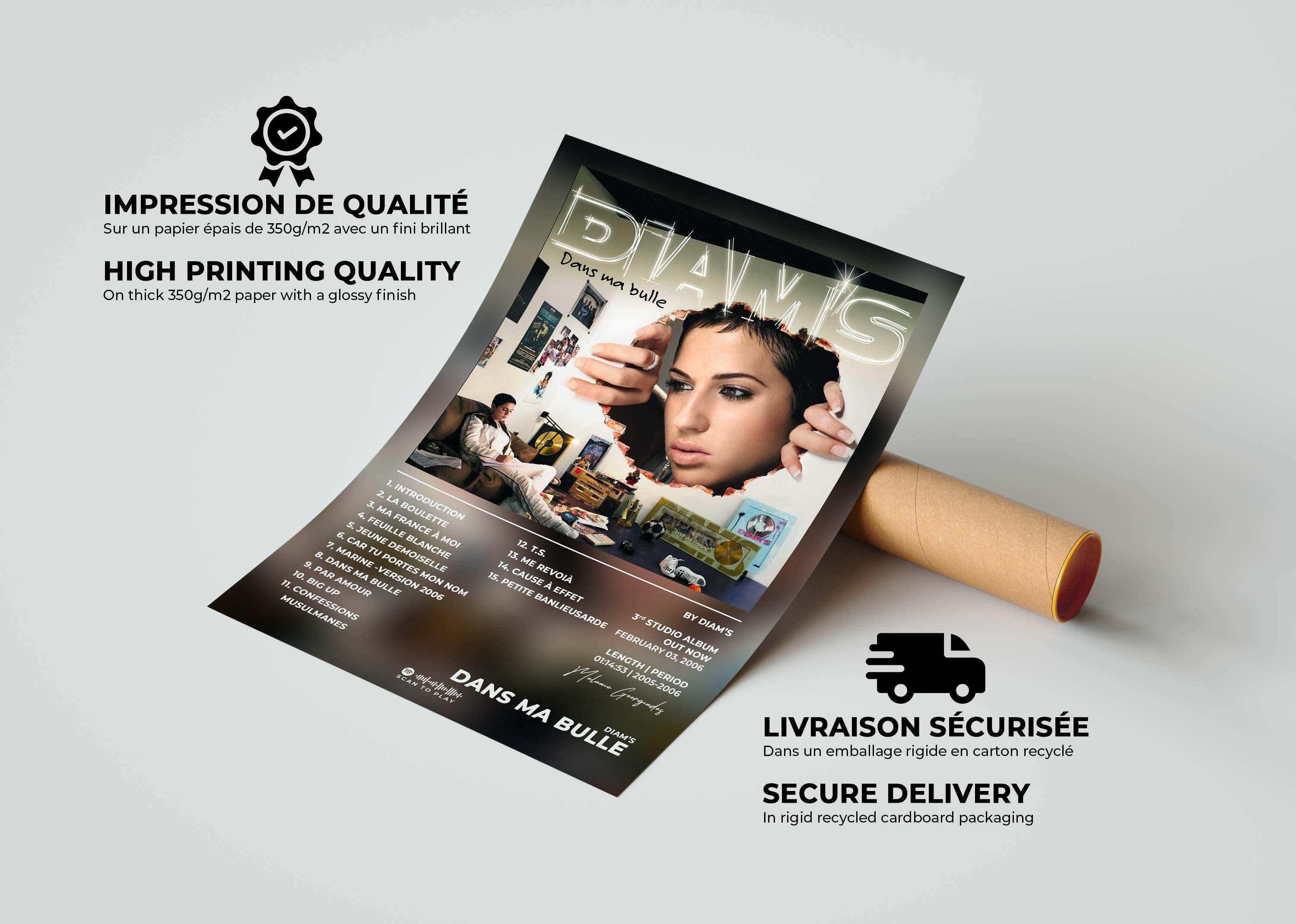 Affiche album Diam's "Dans ma bulle" enroulée, faite en France, livraison gratuite 48h, cadeau Noël