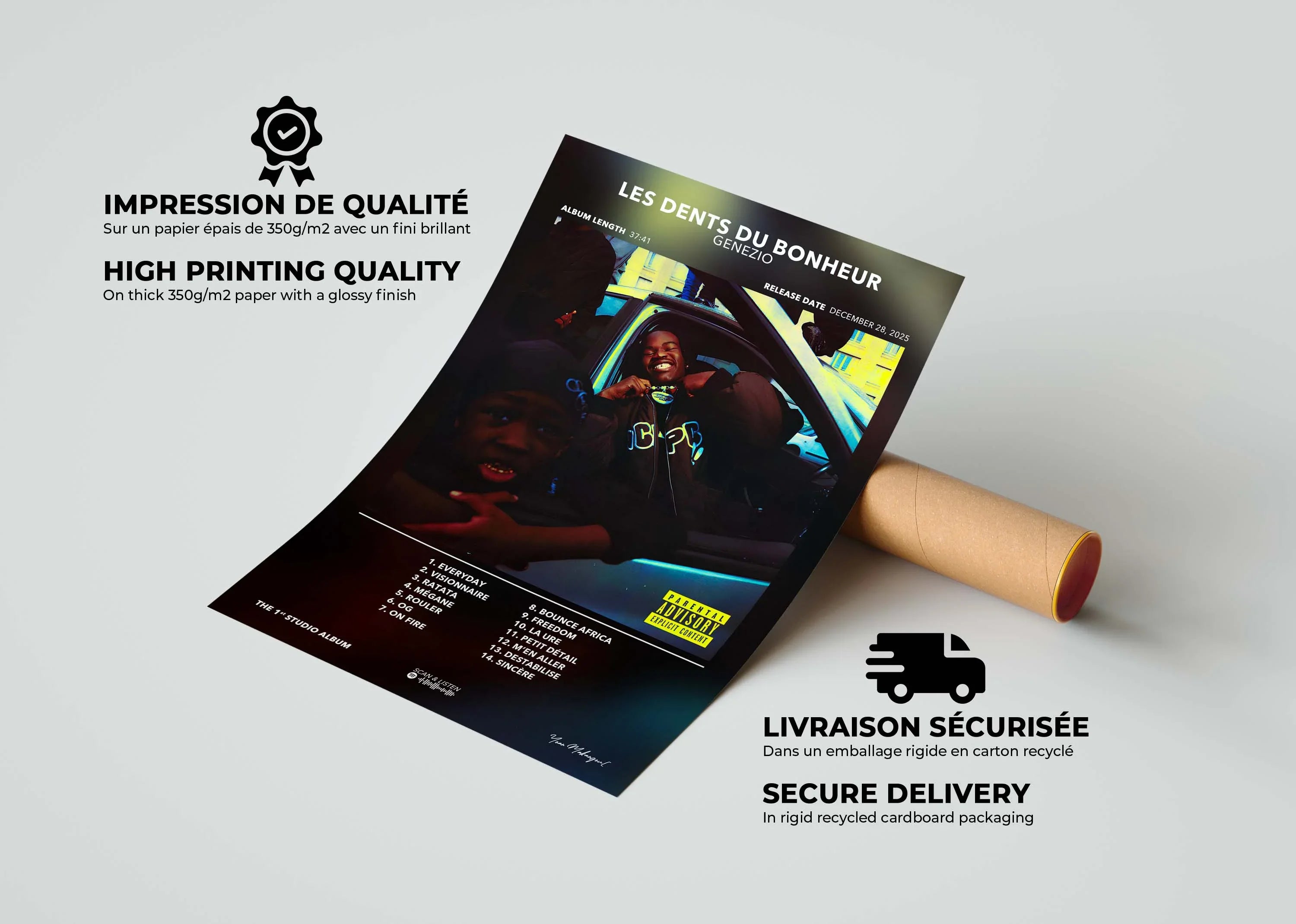 Affiche d'album Les Dents du Bonheur posée à côté d'un tube pour livraison sécurisée, fait en France, livraison gratuite 48h