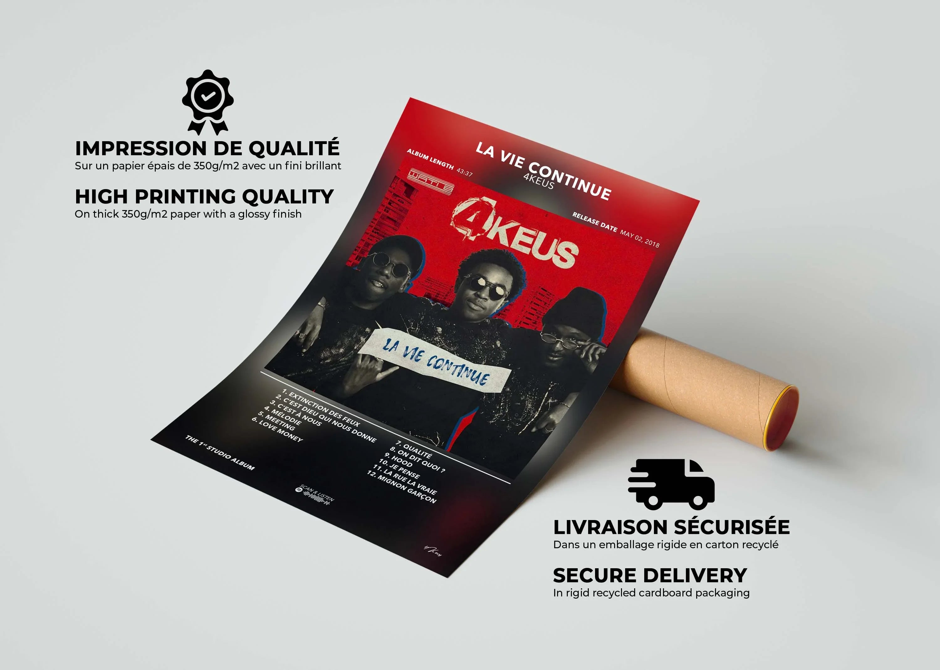 Affiche d'album 4KEUS La Vie Continue sur papier épais 350g, impression de qualité, fait en France, livraison gratuite 48h