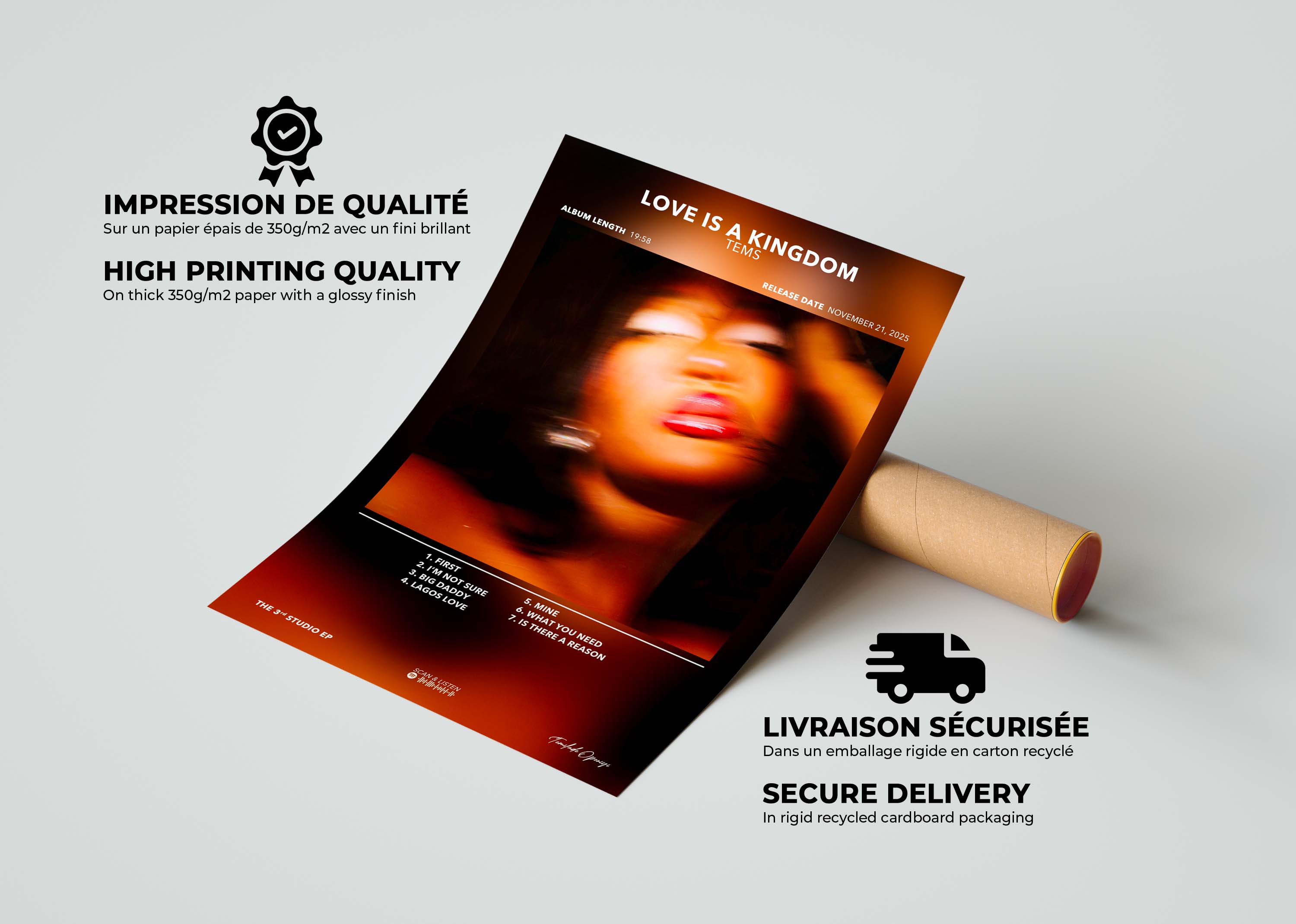 Affiche imprimée de haute qualité sur papier épais 350g/m2 brillante, fait en France, livraison gratuite 48h